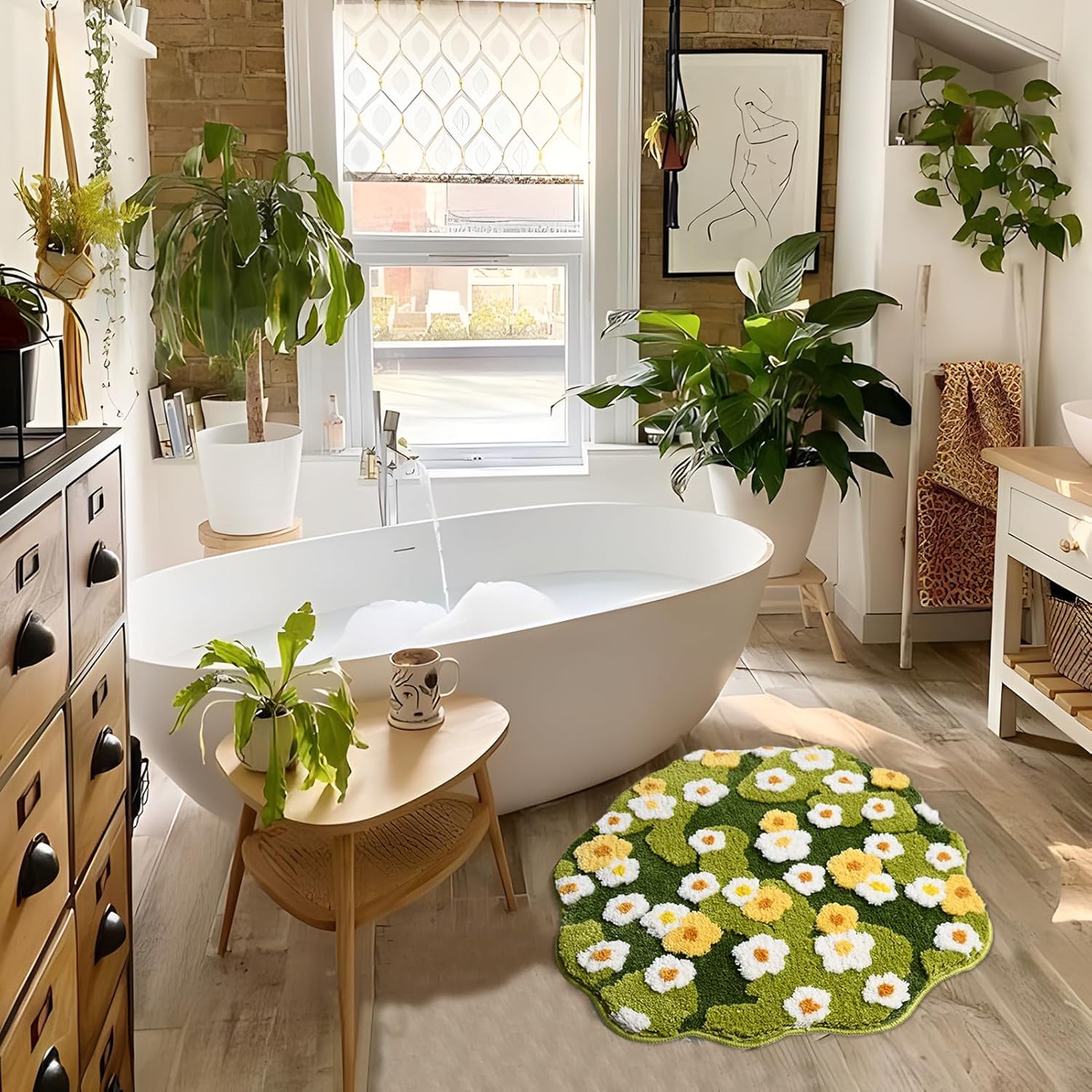 Cute Rug Floral Bath Mat, Green 26" Plant Flowers Bathroom Rugs, 3D Forest Leaf Aesthetic Plush Decor Mat, Soft Microfiber Shaggy Non Slip Area Rug for Shower Sink Kid's Room