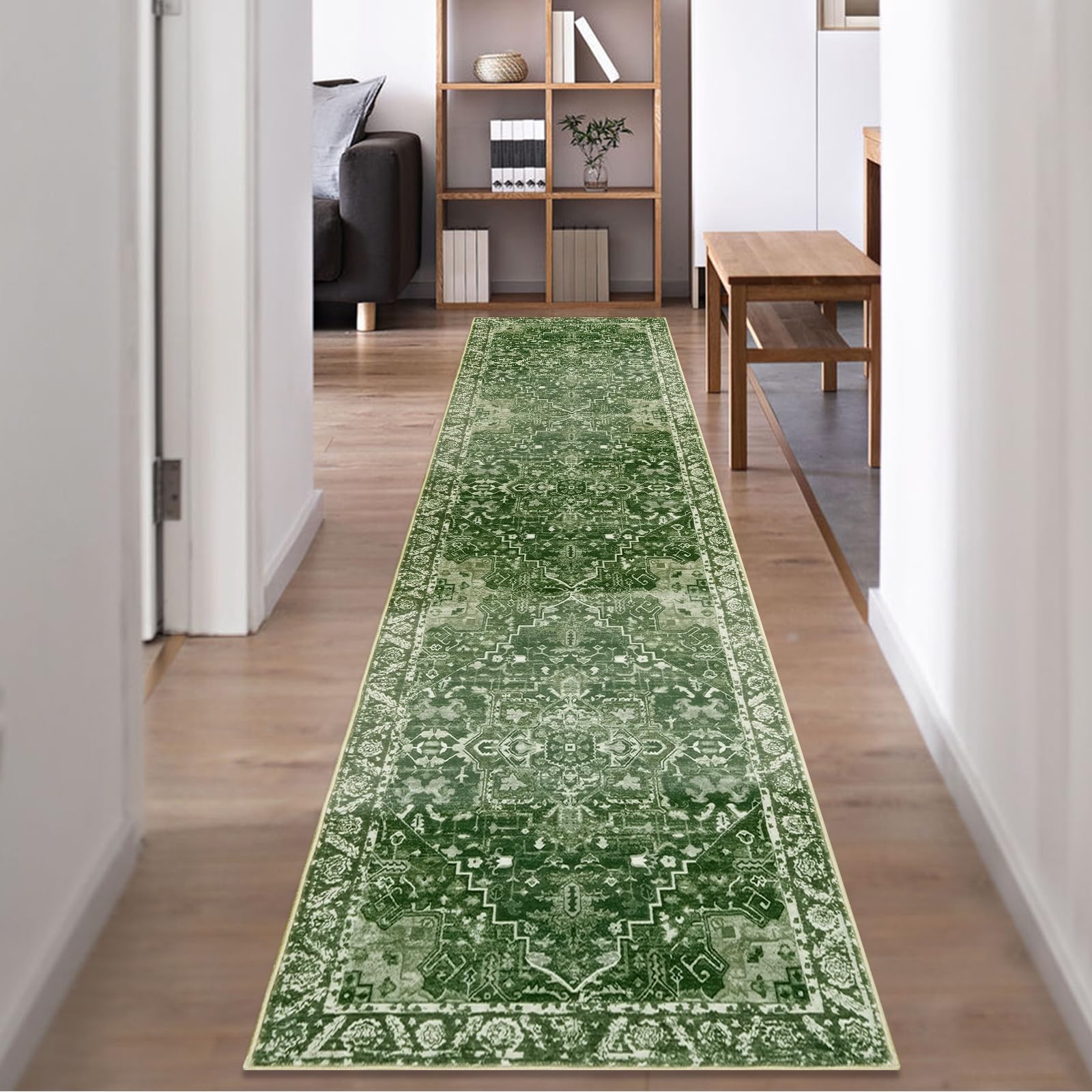 Famibay Hallway Runner Extra Long 60x300cm Runner Rugs Washable Non Slip Runner Rugs for Hallway Vintage Boho Green Kitchen Carpet for Entryway Hall Bedroom