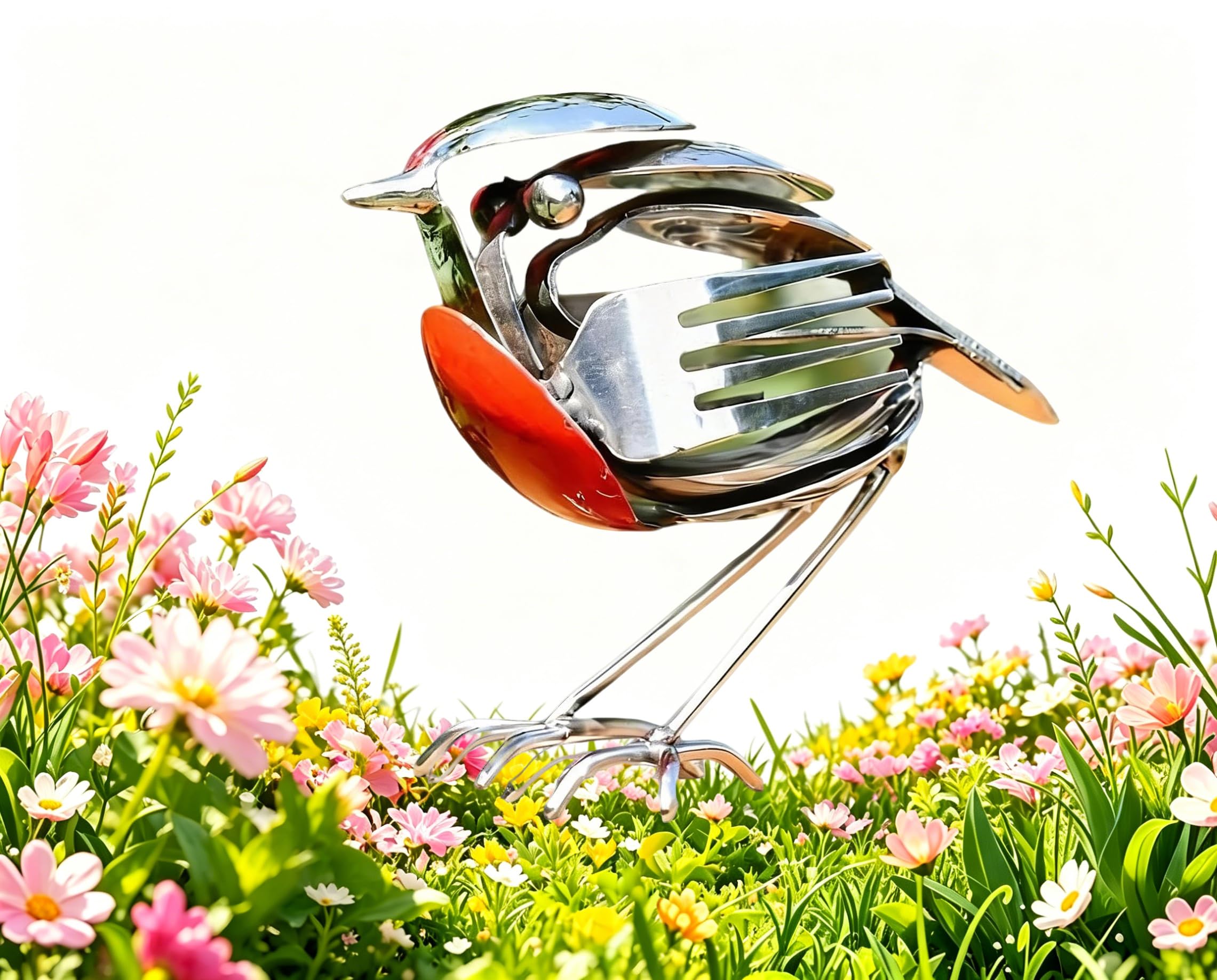 Recycled Fork & Spoon Robin Figurine, Handcrafted Metal Robin Garden Ornament, Rustic Red Chest Bird Statue, Scrap Metal Art Sculpture, Weatherproof Yard Patio Decor, Gifts for Bird Lovers