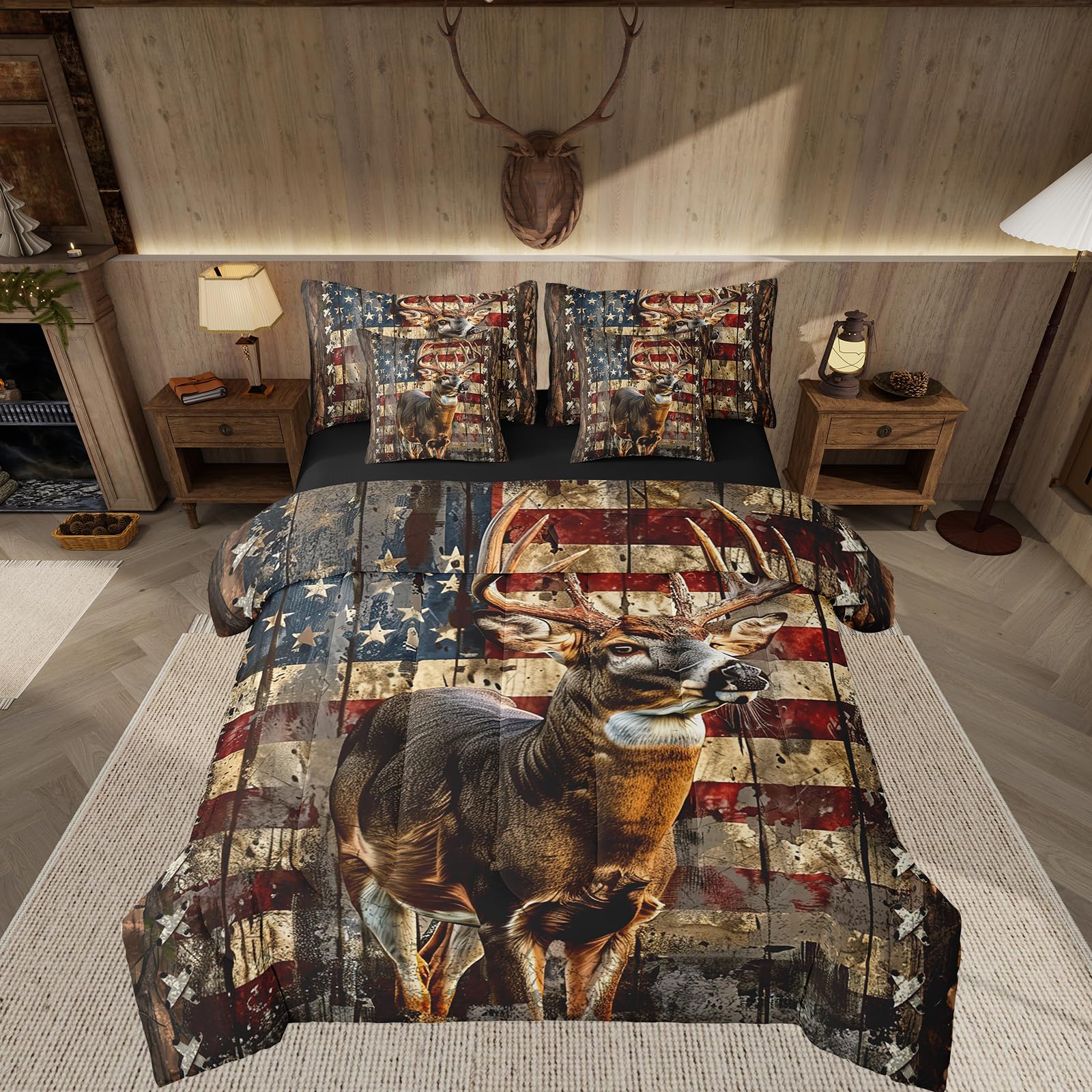 Feelyou Deer Hunting Comforter Set with Sheets American Flag 7 Piece Bedding Set Queen Size for Kids Boys Girls Wild Animal Deer Bed in a Bag Soft Down Bedding Comforters