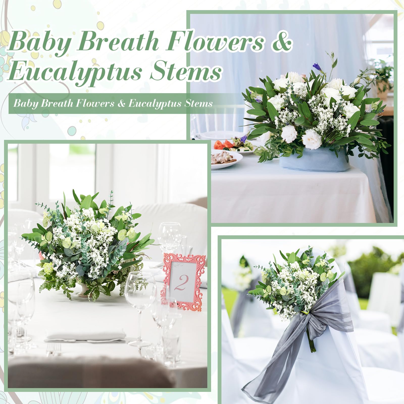 Yunlly Künstliche Blumen mit gemischten künstlichen Eukalyptusstielen, Blätter-Set, 60 Stück, Schleierkraut, 40 Stück Eukalyptusblätter für Hochzeitssträuße, Gründekoration, 100 Stück