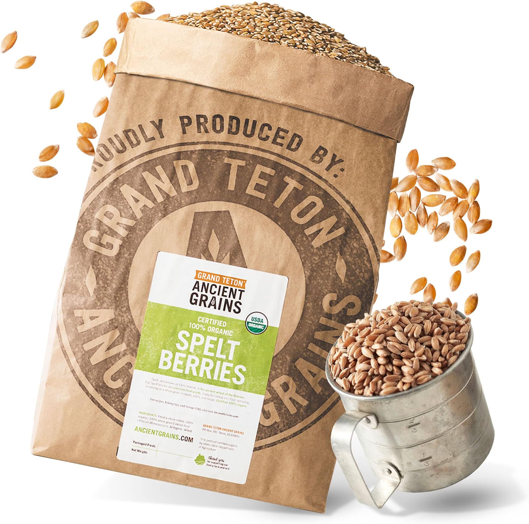 Grand Teton Ancient Grains - 100% Organic Spelt Berries, Whole Unmilled Spelt Berries, US-Grown Farro Organic Grain, Nutritious Baking Staple, Whole Grain Spelt in Brown Paper Bag, 25 lbs