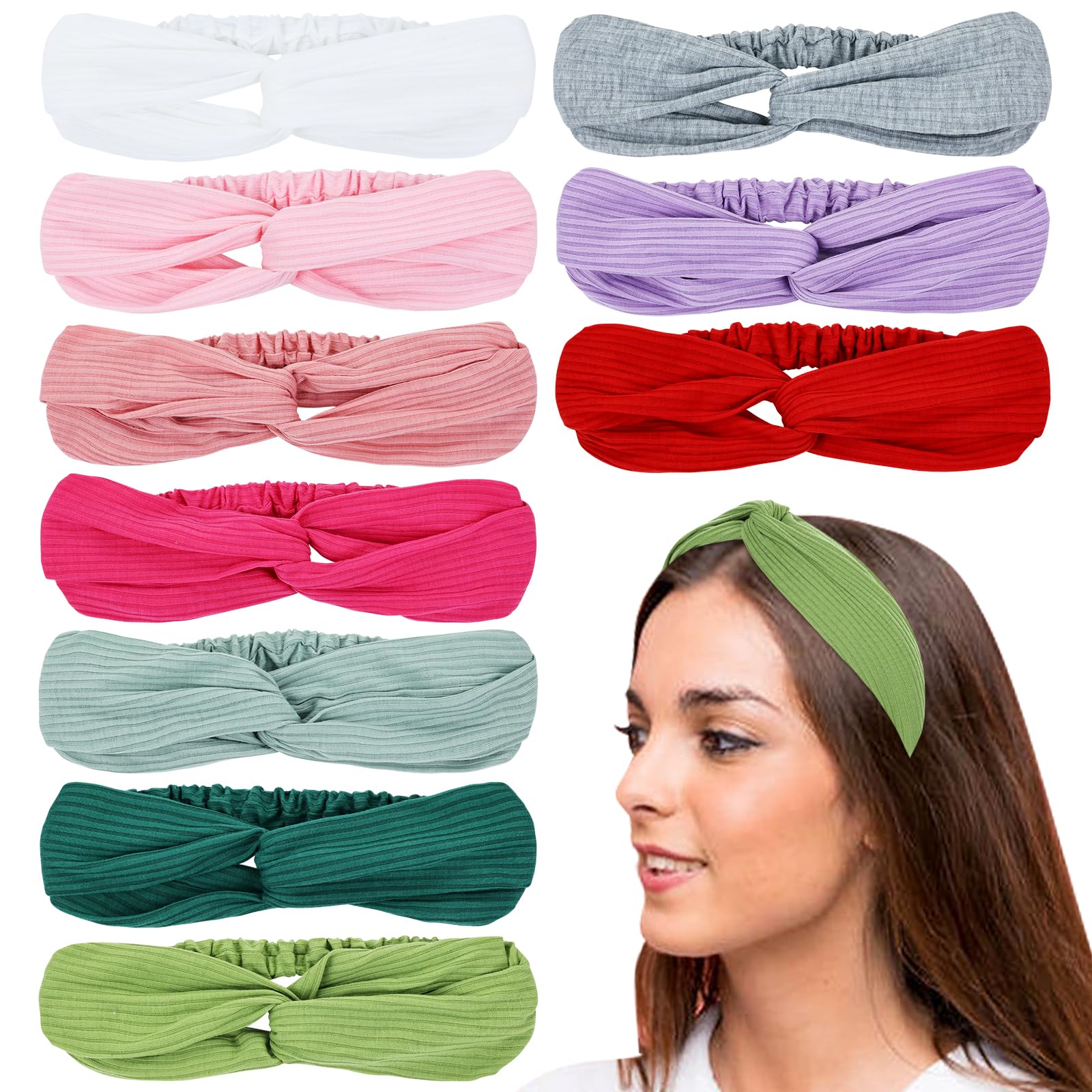 Dizila 10 Pack Super Soft Boho Plain Thin Running Sports Yoga Twist Knotted Headbands with Rubber Band Hair Bands Headwraps Accessories for Women