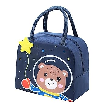 Small Insulated Lunch Bag for Pre School Kids Boy Girl, Cartoon Design Tote Lunch Bag with Aluminum Foil School, Picnic, Outdoor (Blue Bear)