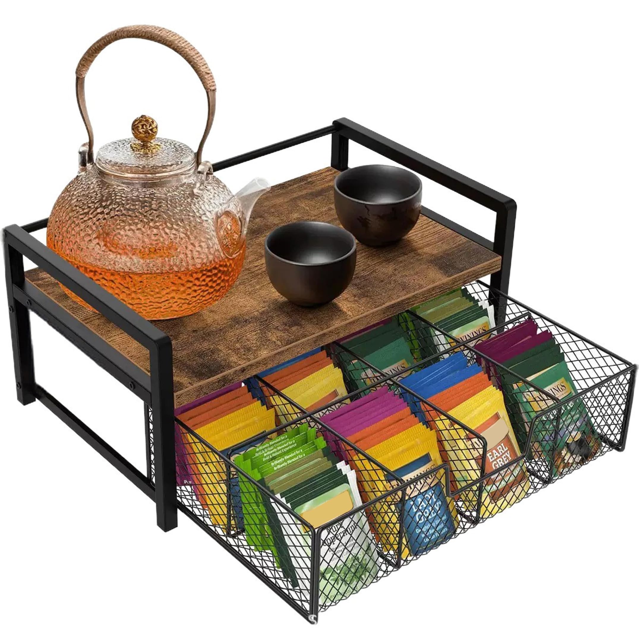 Kaffeestation-Organizer, 2-stöckige Teebeutel-Aufbewahrung mit ausziehbarer Schublade, Küchenarbeitsplatte für Pads und Teebeutel – Tigerholz und Schwarz, Kaffeestation-Organizer
