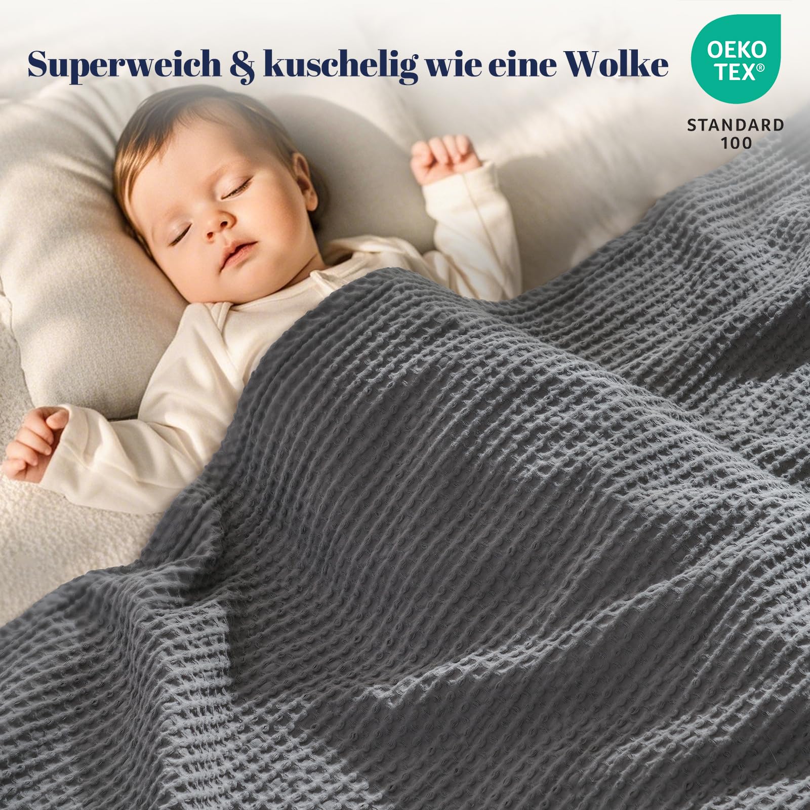 PHF Waffeldecke 150x200cm Baumwolle OEKO-TEX zertifiziert Hotelwäschequalität Anthrazit