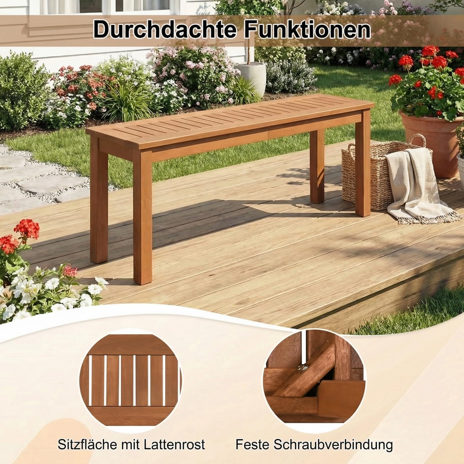 COSTWAY Gartenbank Holz Wetterfest, Sitzbank ohne Rückenlehne, 2-Sitzer Holzbank, Balkonbank aus Hartholz, Blumenbank für Garten, Balkon, Terrasse, 120 x 30,5 x 47 cm