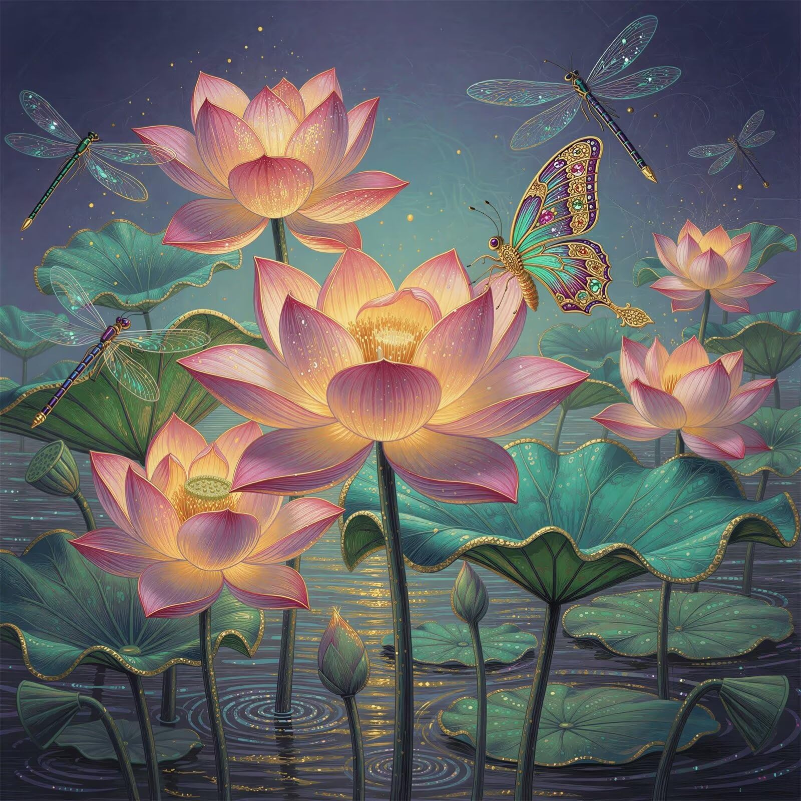 Jinmer Diamond Painting Mariposa libélula Lotus,5D Diamond Painting Kit Completo,DIY Cuadros de Diamantes para Adultos,Rhinestone Bordado Punto de Cruz Manualidades Hogar Pared Decoración 55x55 cm