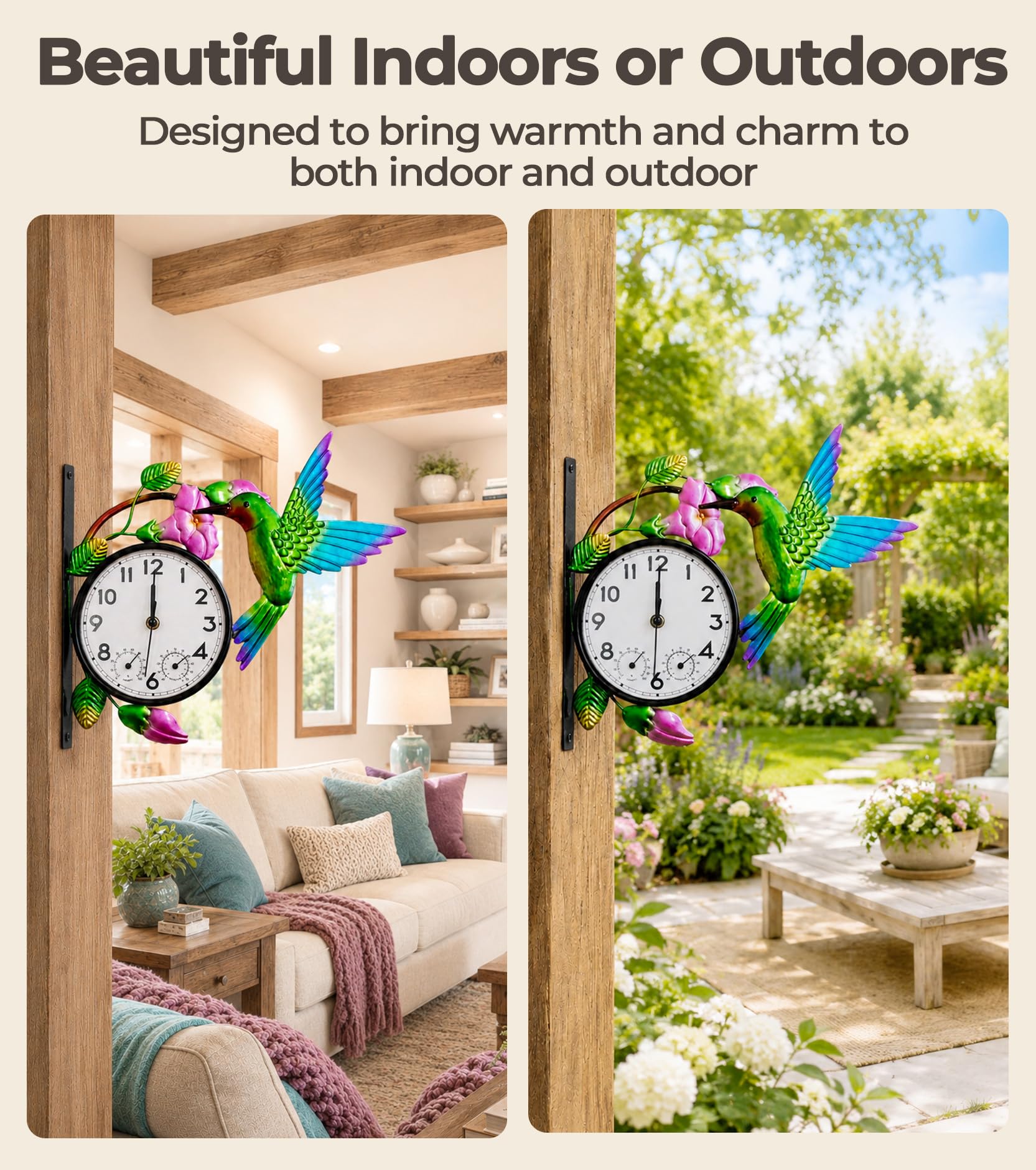 Orologio da esterno con termometro e igrometro Combo | Orologio da parete silenzioso senza ticchettio per patio, impermeabile, decorativo per soggiorno, gloria mattutina e colibrì