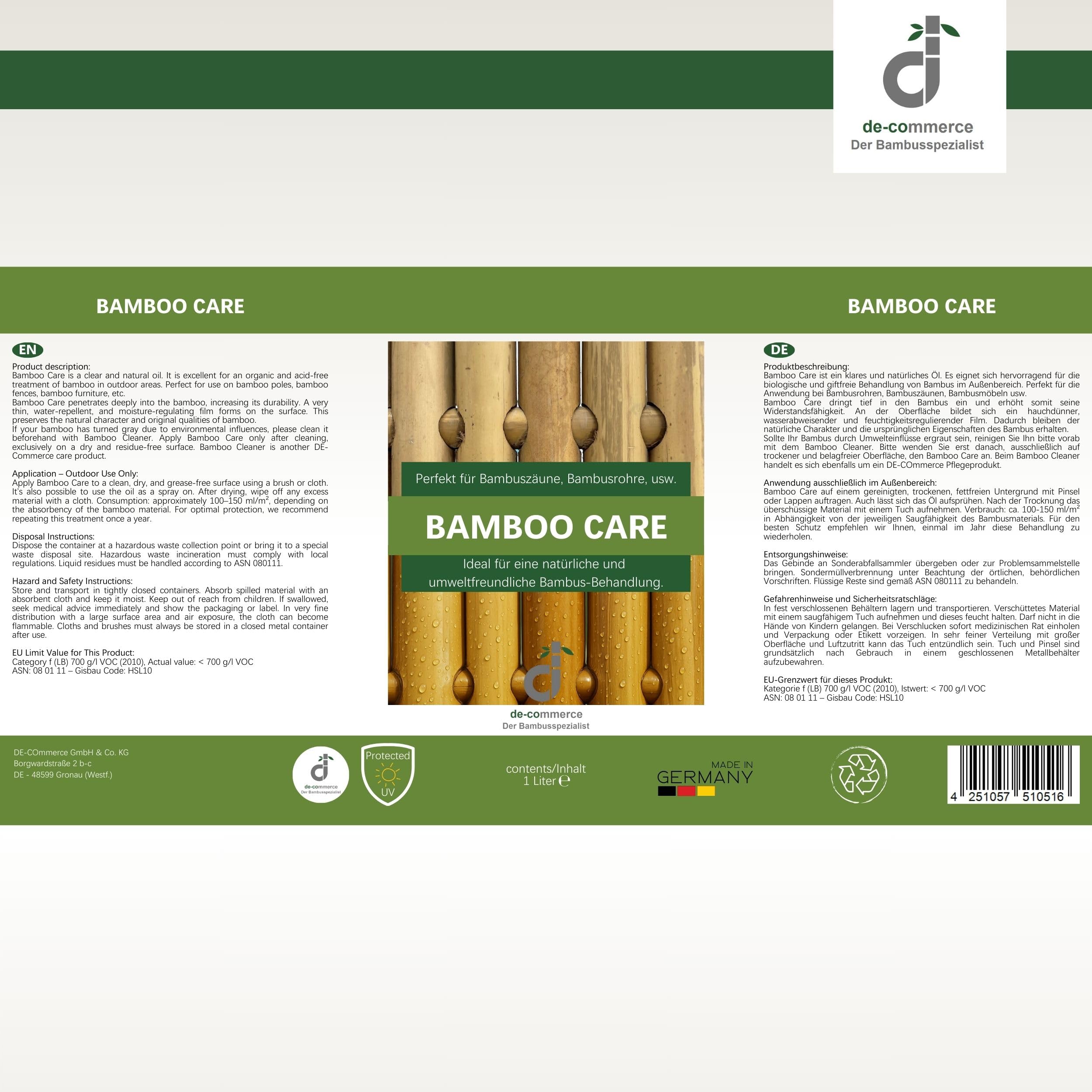 DE-COmmerce Huile pour Bambou 1 L Bamboo Care incolore – Huile d’Entretien pour Bambou et Bois, résistante aux intempéries, à Base d’Huile de Lin, extérieur