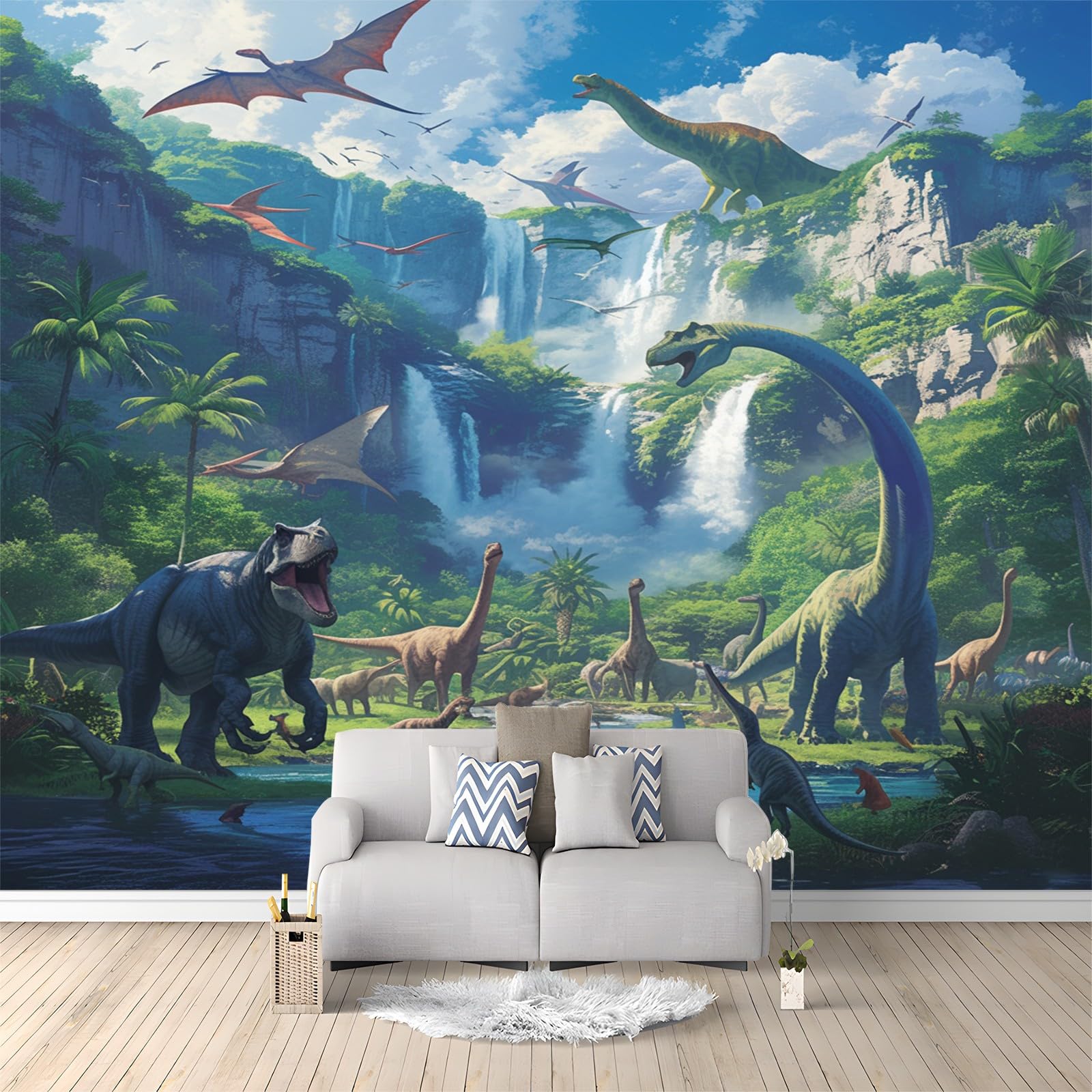 Poster mural dinosaure panoramique pour décorer le salon familial