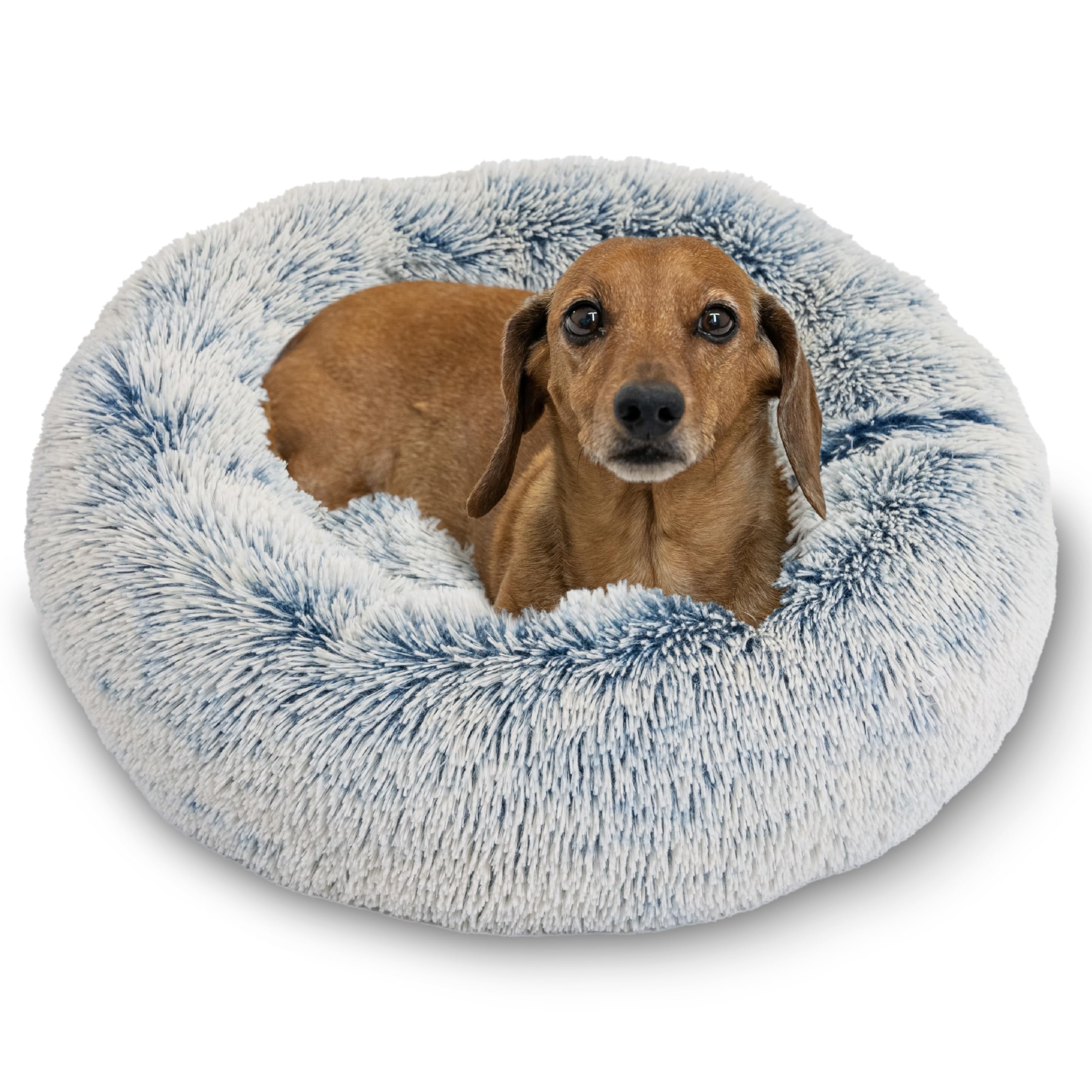 Best Friends by Sheri The Original Calming Donut Dog Bed for Small Dogs up to 25 lbs, Shag Faux Fur, Denim Blue, 23" x 23"