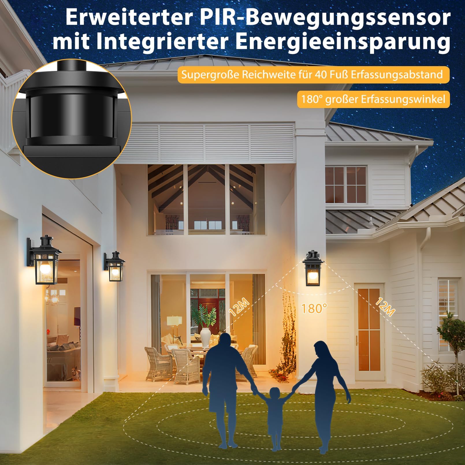 Aussenlampe mit Bewegungsmelder, 3 Beleuchtungsmodi Lampe mit Bewegungsmelder Aussen, E27-Fassung Wasserdichtes Aluminium Außenwandleuchte Led für Haus