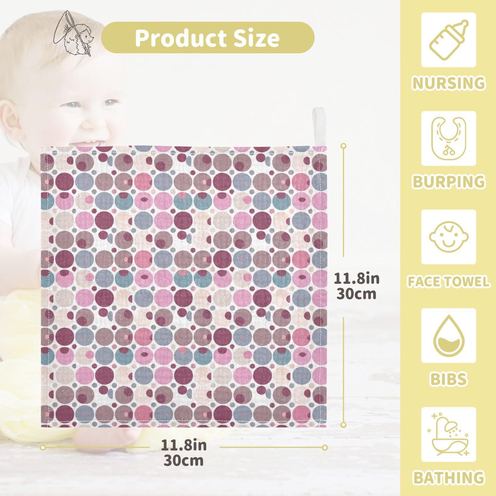 Nander 5Pack Baby Muslin Washcloths,Color Circular Wave Point Soft Face Cloths for Newborn, Absorbent Bath Wash Cloths, Wipes, Burp Rag,Toddlers Essentials Stuff, Baby Registry as Shower