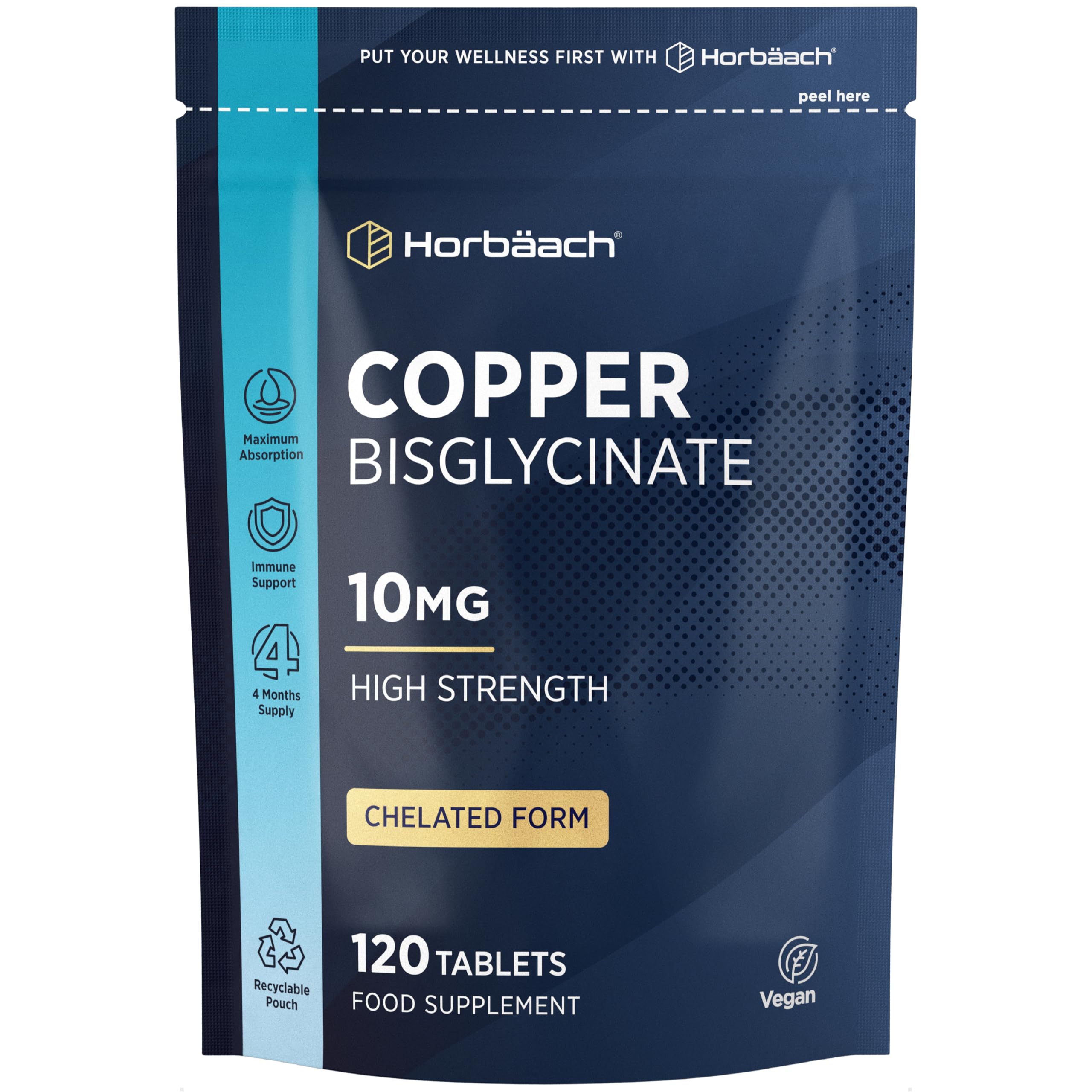 Copper Bisglycinate 10mg | Chelated Form | High Strength Copper Supplement | 120 Vegan Tablets | Horbaach