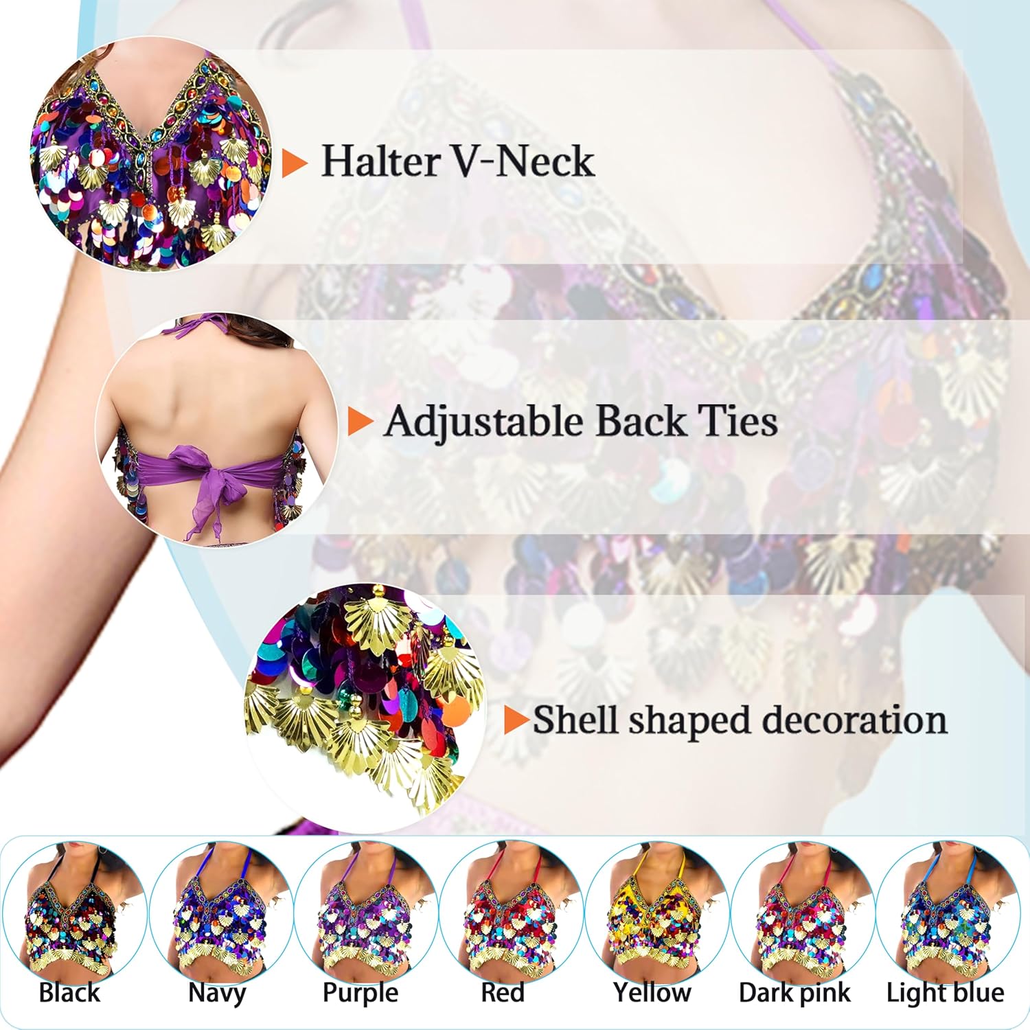 Wuchieal Sequin Halter Bra Tops Salsa Belly Dance Boho Festival Clubbing Tribal Bra Gold Shell Top - Image 4
