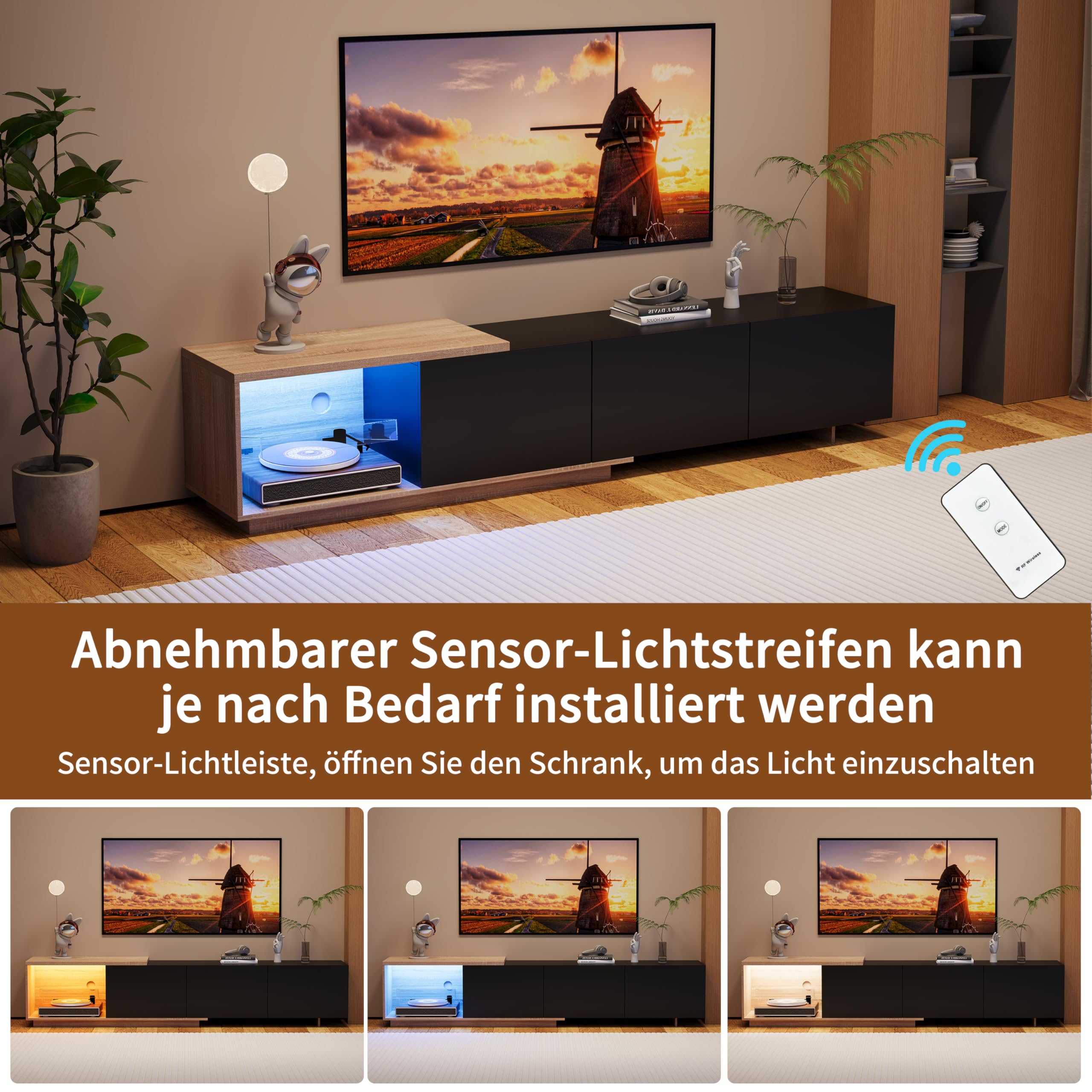 TITA-DONG TV Lowboard mit Intelligente Sensor-LED, 240cm TV-Schrank mit 3 Schubladen und Regalen, TV-Möbel mit Kabelmanagement, Fernsehtisch für Wohnzimmer, Schlafzimmer, Schwarz