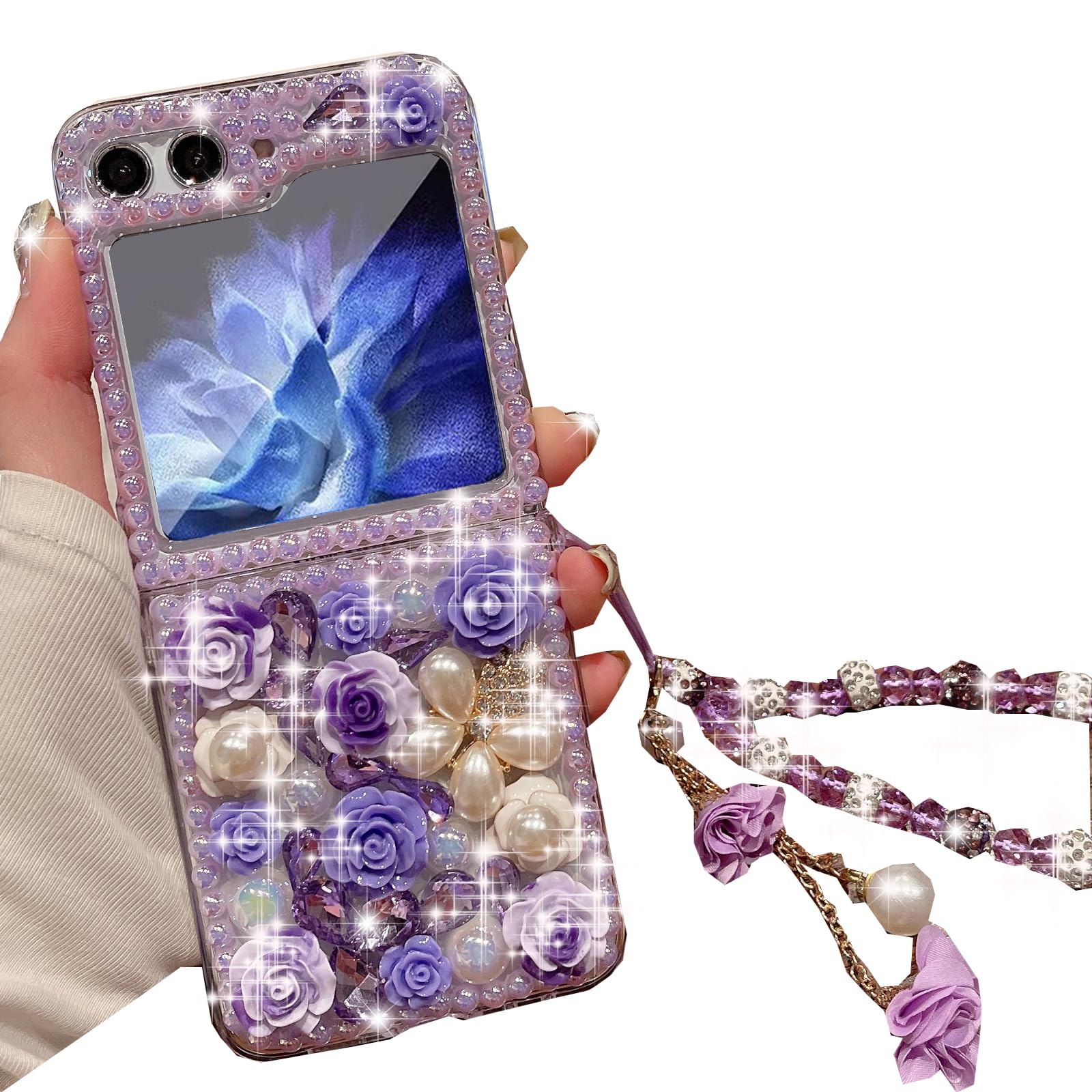 Changjia Samsung Galaxy Z Flip 5 Glitter Bling Case,Cute Luxury 3D Crystal Rhinestone Diamond Flowers Sparkle Stunning Stones Pearl with Wrist Strap Women Girls Case for Galaxy Z Flip 5 5G (Purple)