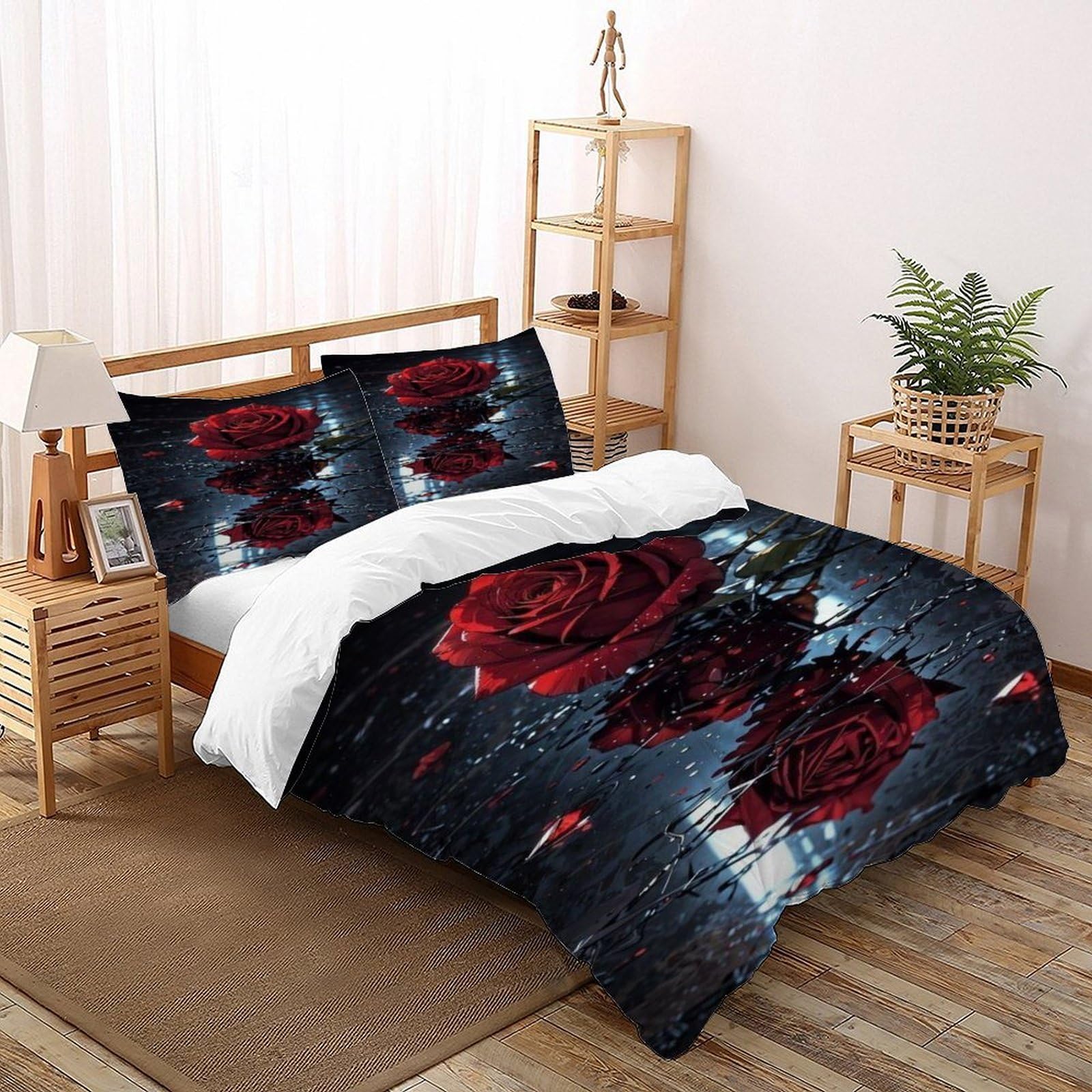 Parure de couette 3 pieces 3D motif imprime rose reflet
