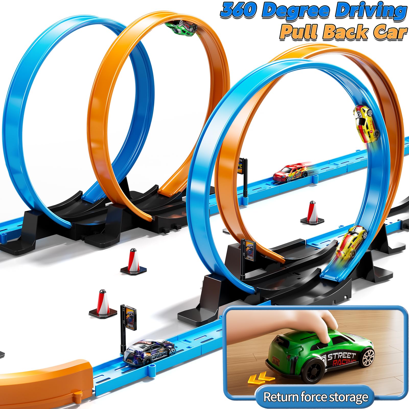LILYBUDS Toy Car Track Set for Boys Kids Age 3-5 4-7 8-12, Long Race Tracks with 4 Action Loops and 4 High-Speed Slot Cars, 35+ Pieces of Race Track to Create Multiple Configurations