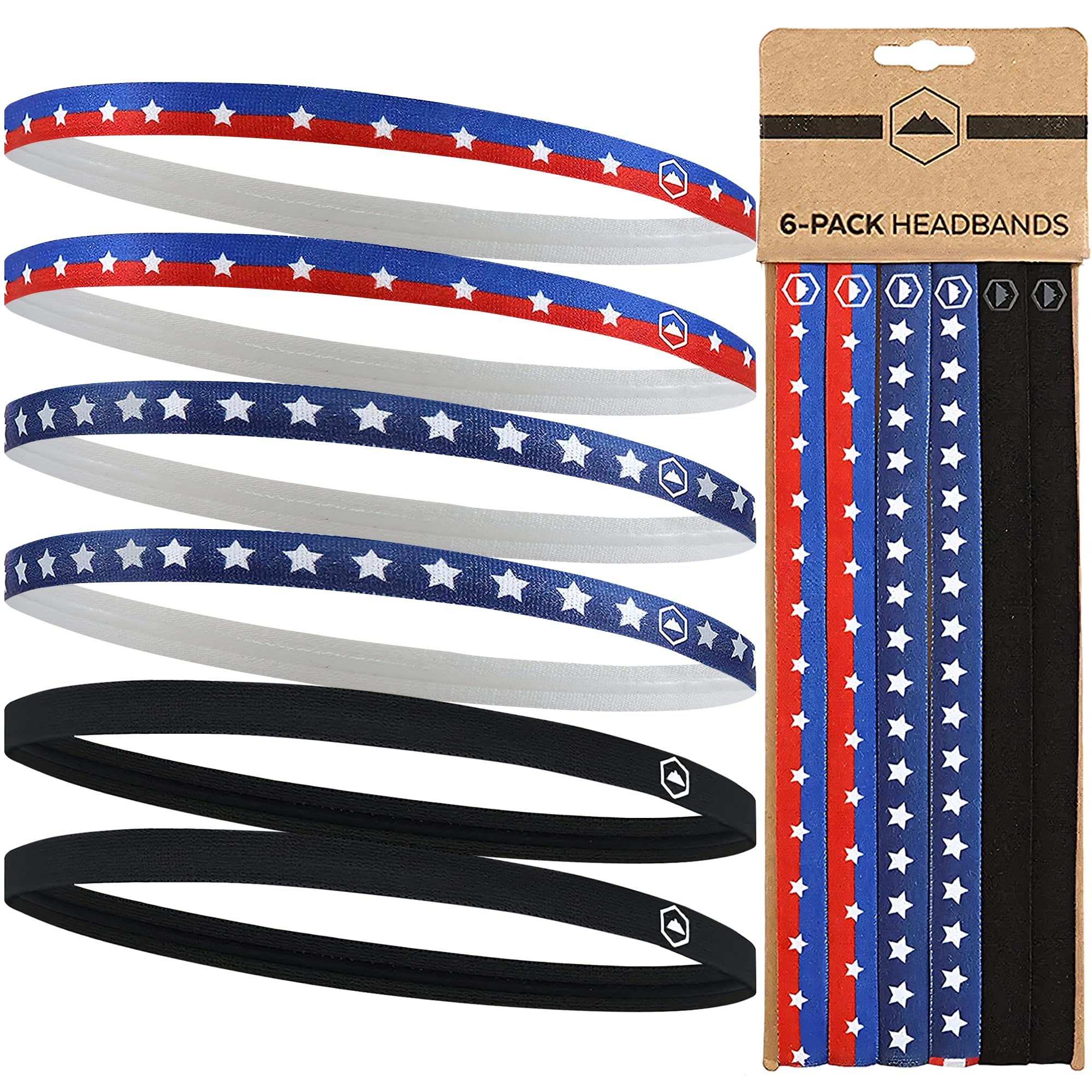 Tough Headwear Thin Elastic Headbands, Sports Headbands for Women & Men - Mens Workout Headband - Running or Soccer Headband - 6-Pack