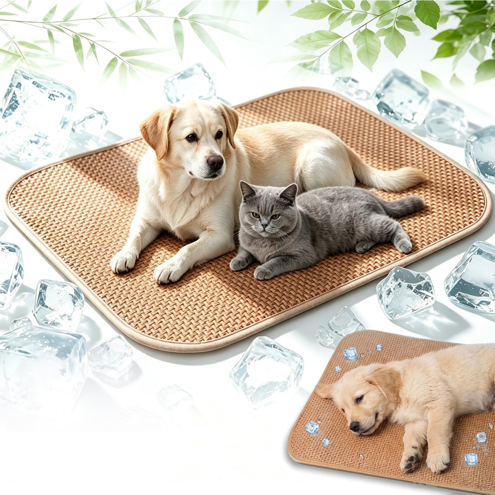 Dog Cooling Mat, Washable Natural Straw Blanket, Summer Pet Bed, Puppy Cushion Pad, Durable Cooling Pet Supplies, Large Medium Small Breeds Kennel Floor Crate, Ideal for Car Seats Outdoor，70 * 55CM