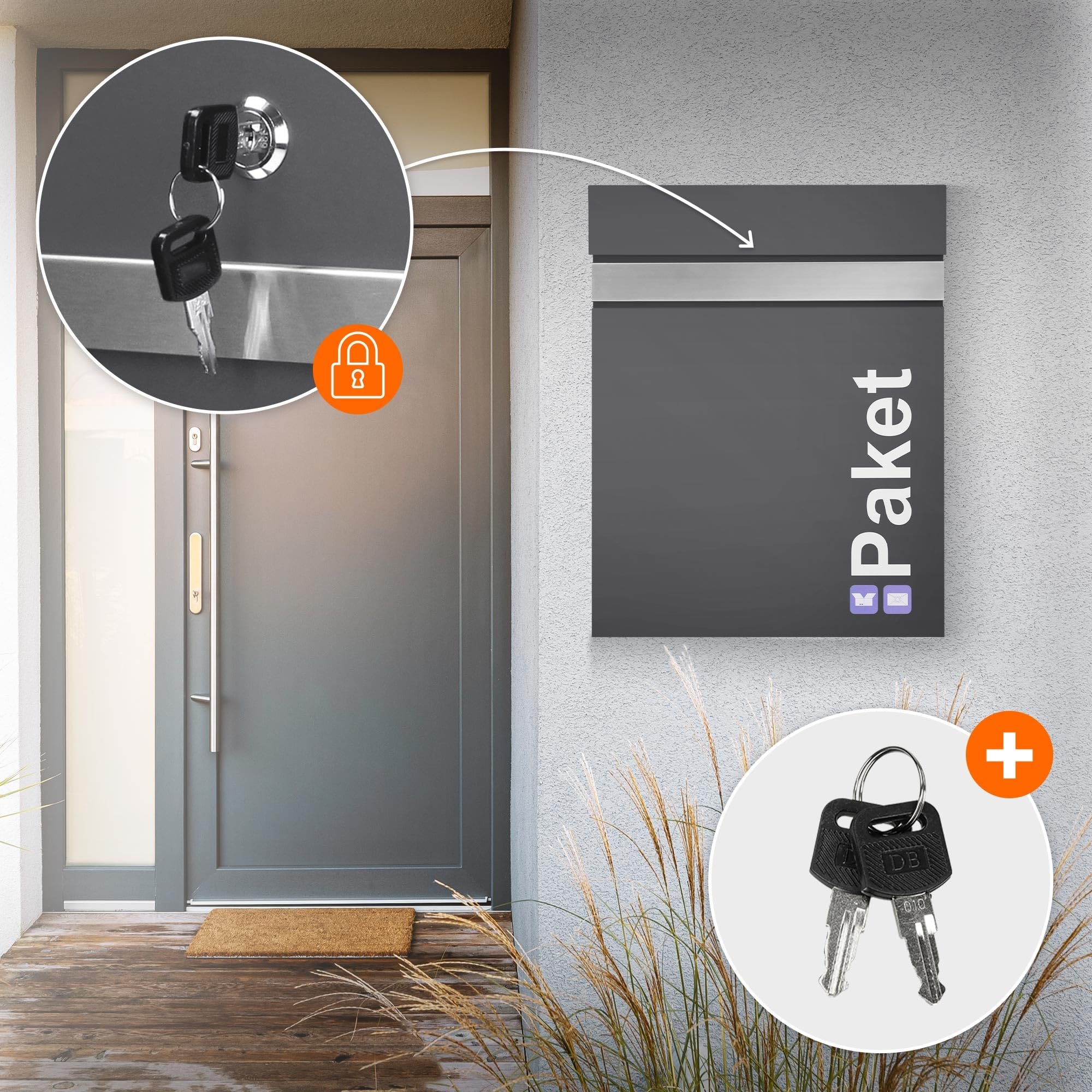 ML-Design pakketdoos met standaard, 44x35x58 cm, antraciet-zilver, gegalvaniseerd staal, pakketdoos met cilinderslot, pakketdoos met retourslot, brievenbusbrievenbus met standaard 120,5x56,5 cm
