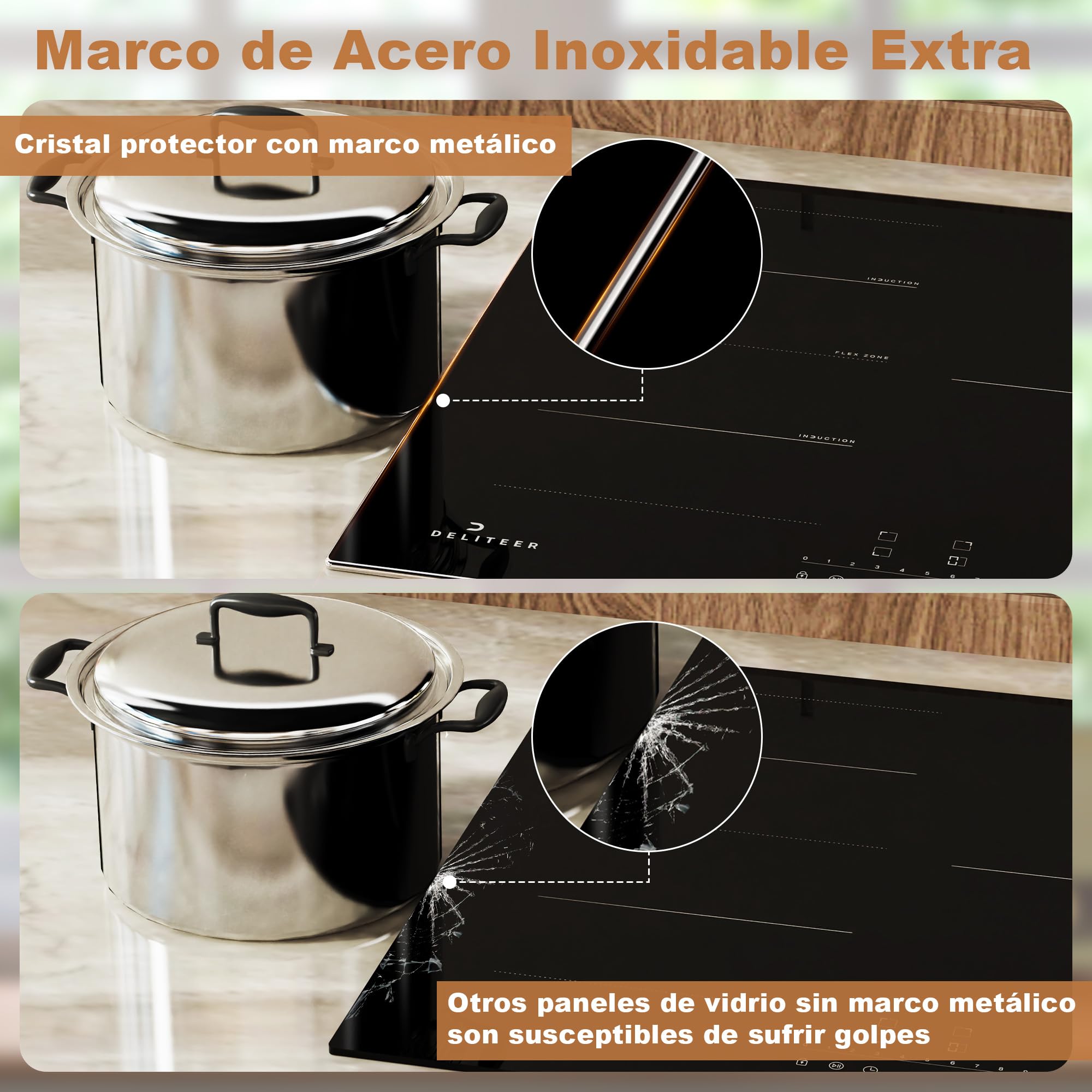 Placa Induccion 3 Fuegos, 60 cm, Marco de Acero Inoxidable | Empotrado, Zona Flexible, Bloqueo de Seguridad Para Niños, Temporizador, 220 V~240 V, 6800 W