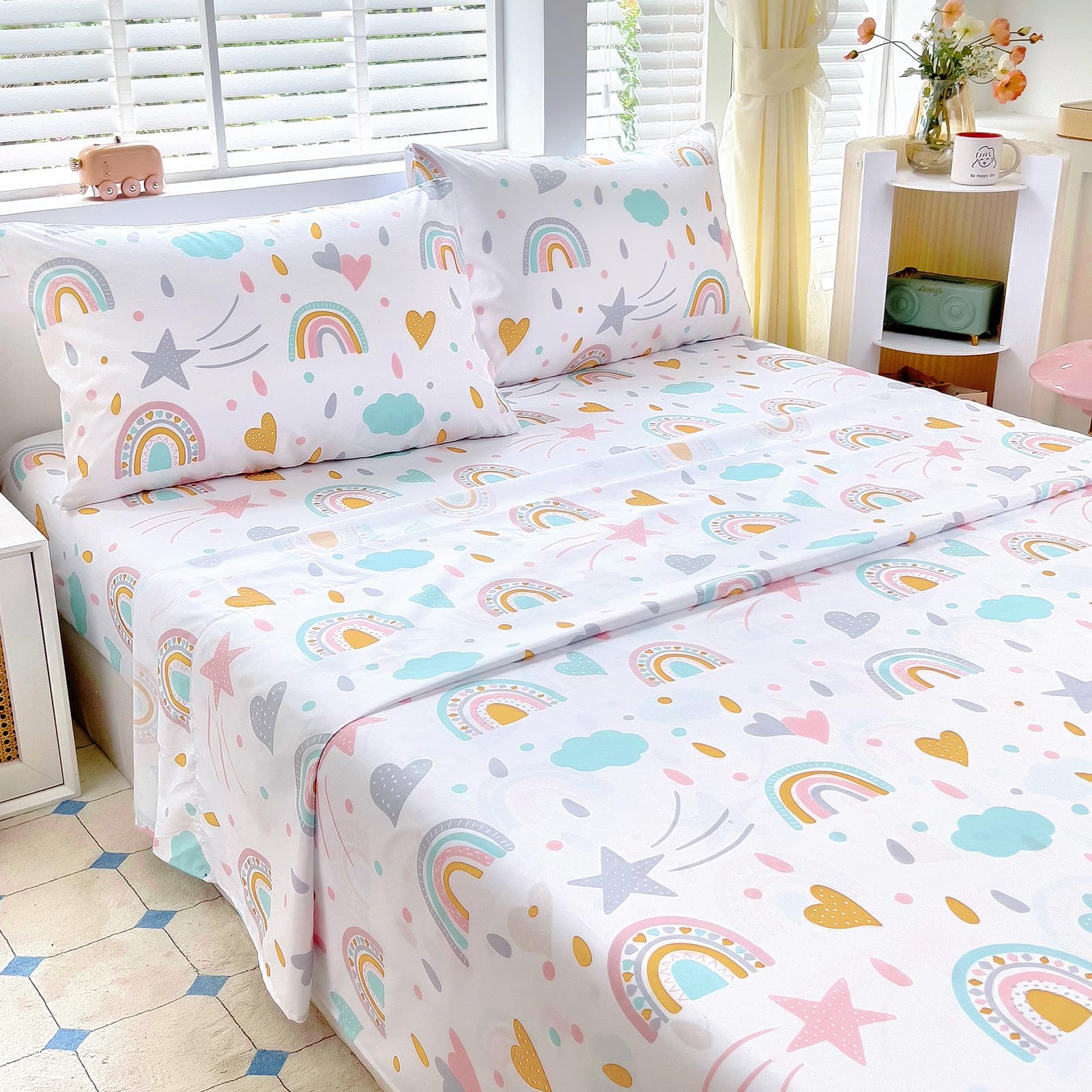 Full Sheet Set Kids - Sky Blue 4 Pieces Soft Microfiber Cartoon Style Bedsheets for Boys Girls Teens, Oeko TEX Breathable 15 Inch Deep Pocket Sheets(Rainbow)