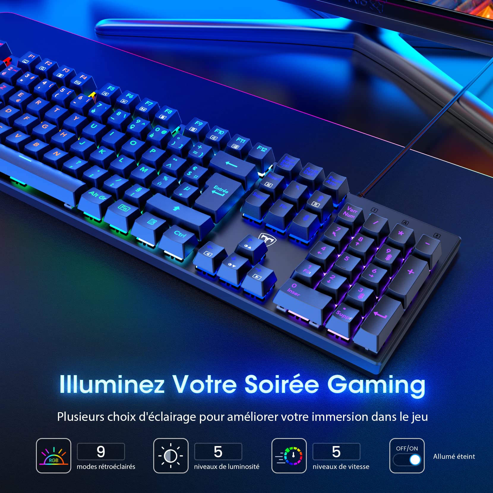 RisoPhy Clavier Gamer Mécanique,Clavier Gaming RVB Ultra Fin avec Blue Switches,Touches ABS Durables/Anti-Ghosting/Résistant aux Éclaboussures pour PC Mac Xbox Gamer-Nouveau 2023