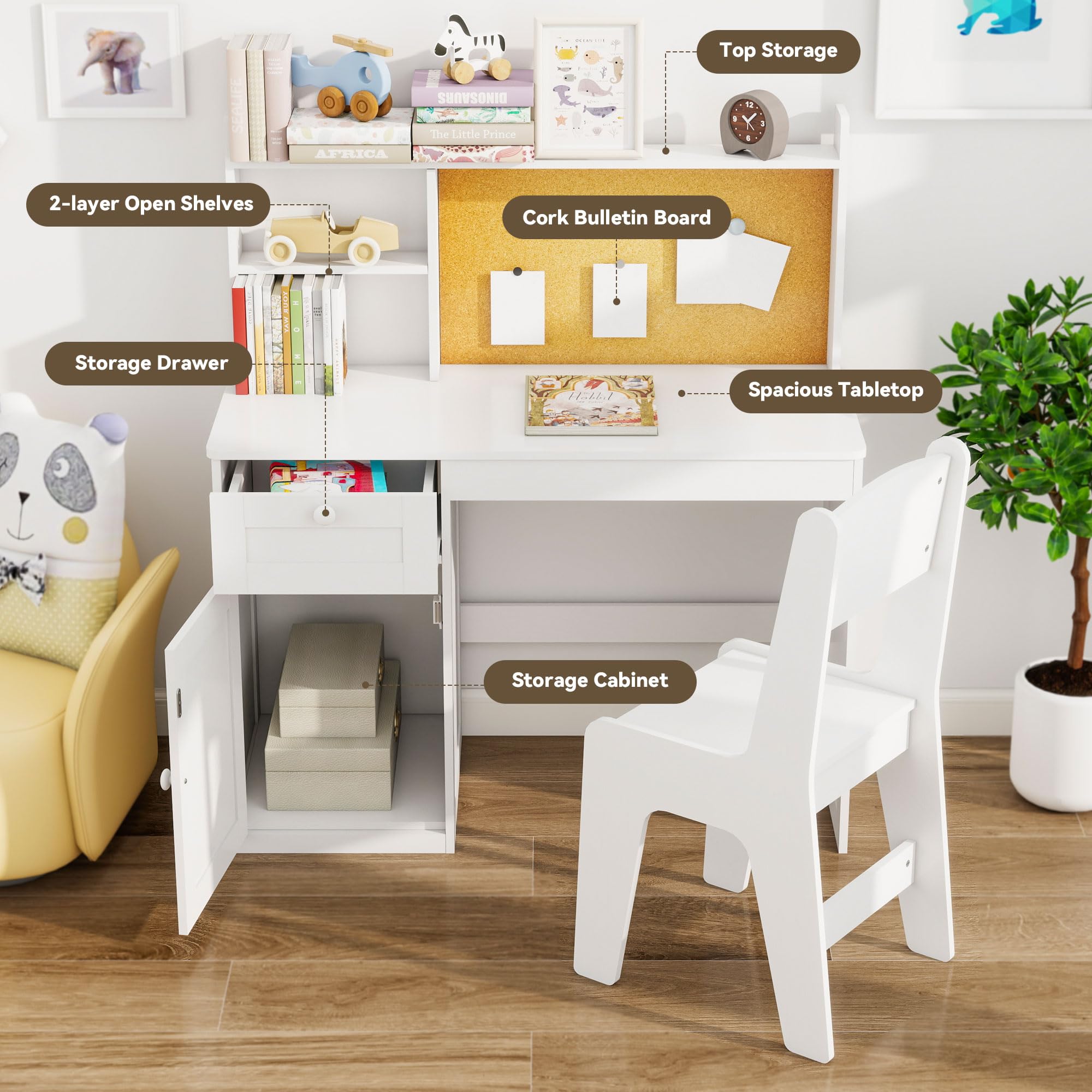 Escritorio de estudio para niños con silla, juego de sillas de escritorio para niños de 5 a 12 años, mesa de estudio de madera para niños con gabinete y gabinete de almacenamiento, mesa de escritura 4