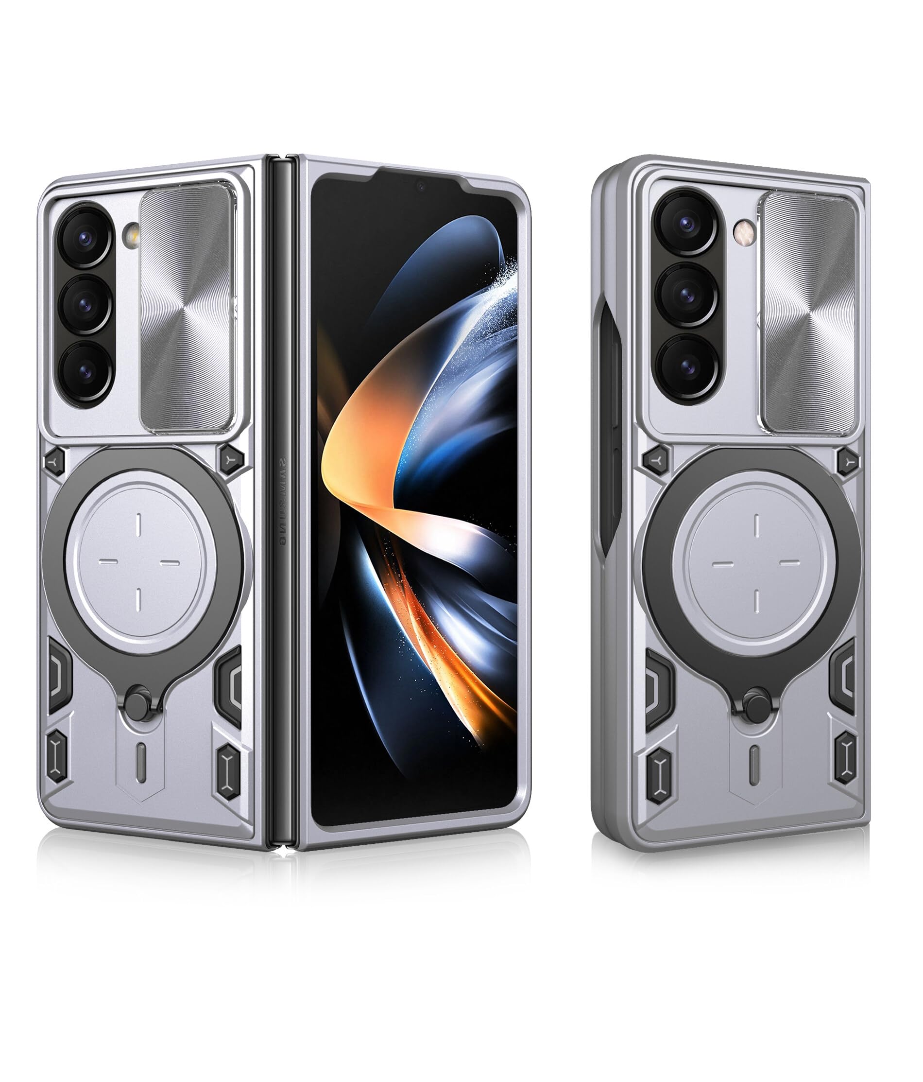 Samsung Galaxy Z Fold 5 Stand Case with Rotatable Ring Holder | Shockproof Protective Case with Slide Camera Cover | Magnetic Car Mount | Silver