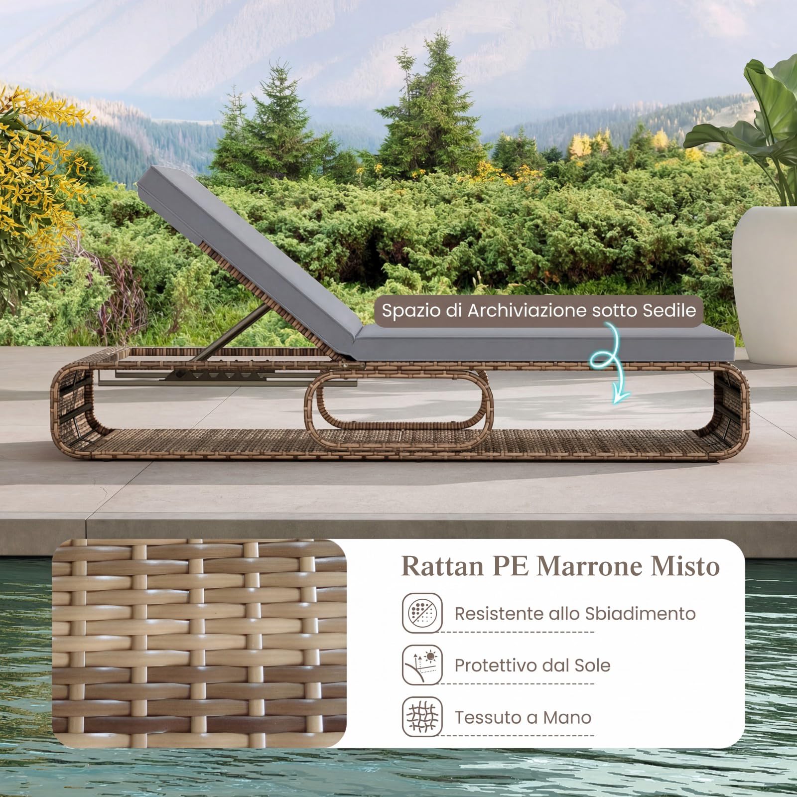 COSTWAY Sedia a Sdraio Imbottita in Rattan PE, Lettino Prendisole con Cuscino Morbido, Spazio di Stoccaggio e Schienale Regolabile a 7 Posizioni, Portata 180 kg, per Piscina e Giardino (1, Grigio)