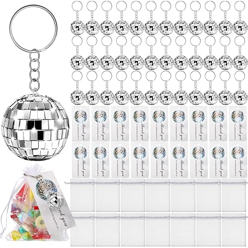 BBTO 36 Pack Mini Mirror Disco Ball Keychain Bulk Silver Disco Ball Party Favors 70s Keychains 1970s Accessories Party Favor Supplies with Drawstring Sheer Organza Bags Thank You Tags(120 Sets)