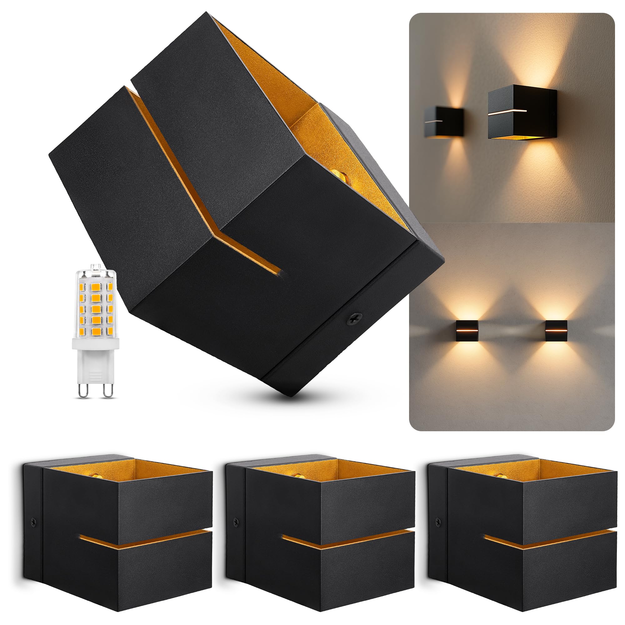 SSC-LUXon KOURA Wandleuchte Innen 4er schwarz mit Lichtschlitz - Wandlampe Gold Design Up Down Leuchte inkl. G9 LED warmweiß