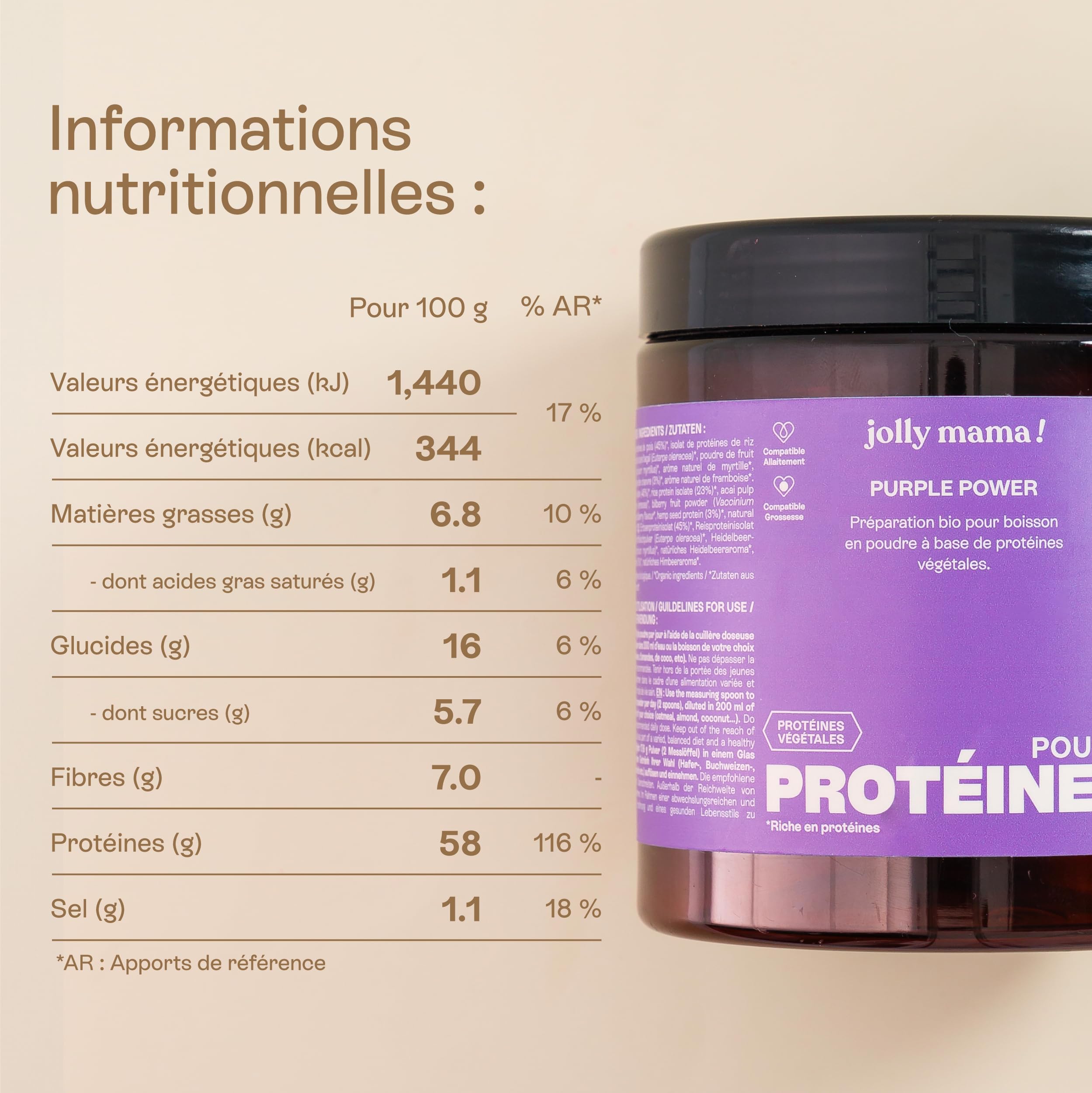 Jolly mama! Purple Power | Poudre de Protéines Végétales Bio | Açaï et Myrtille | Compatible Grossesse & Allaitement | 100% d'Origine Bio | Fabriqué en France | Pot 264g