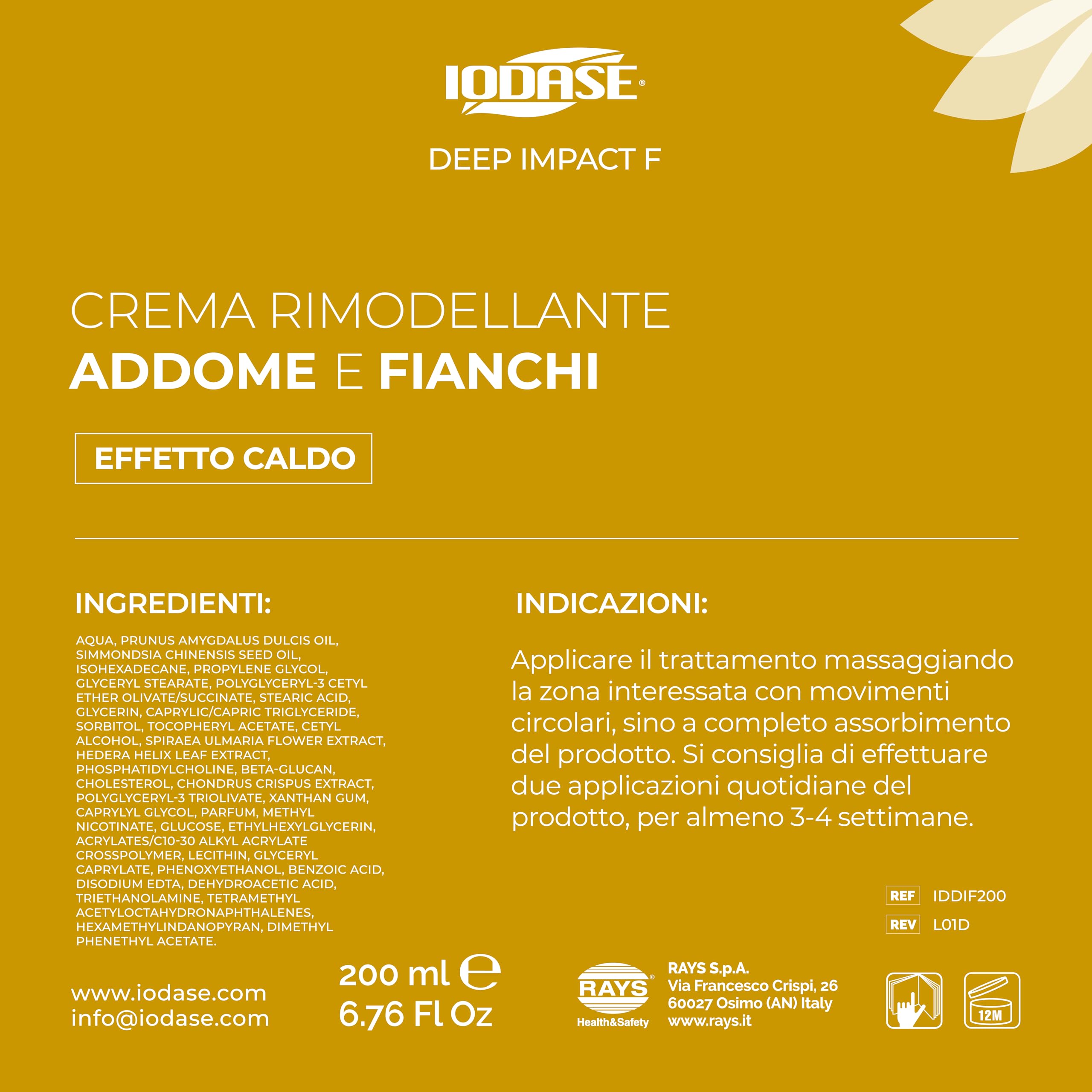 Iodase Deep Impact F Crema Rimodellante 200ml, Lipolitica e Tonificante con Fosfatidilcolina, Edera e Spirea, Combatte Accumulo di Grasso su Addome e Fianchi, Migliora Elasticità e Compattezza