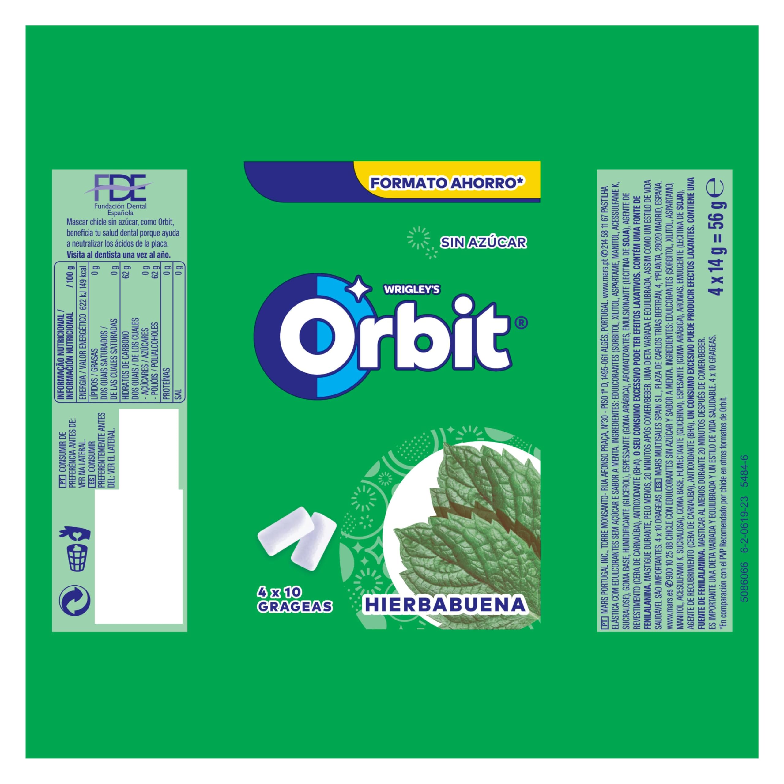 Orbit Chicle Sin Azúcar, Hierbabuena, Pack De 4 X 10 Unidades, 56 Gramo, 4 Unidades