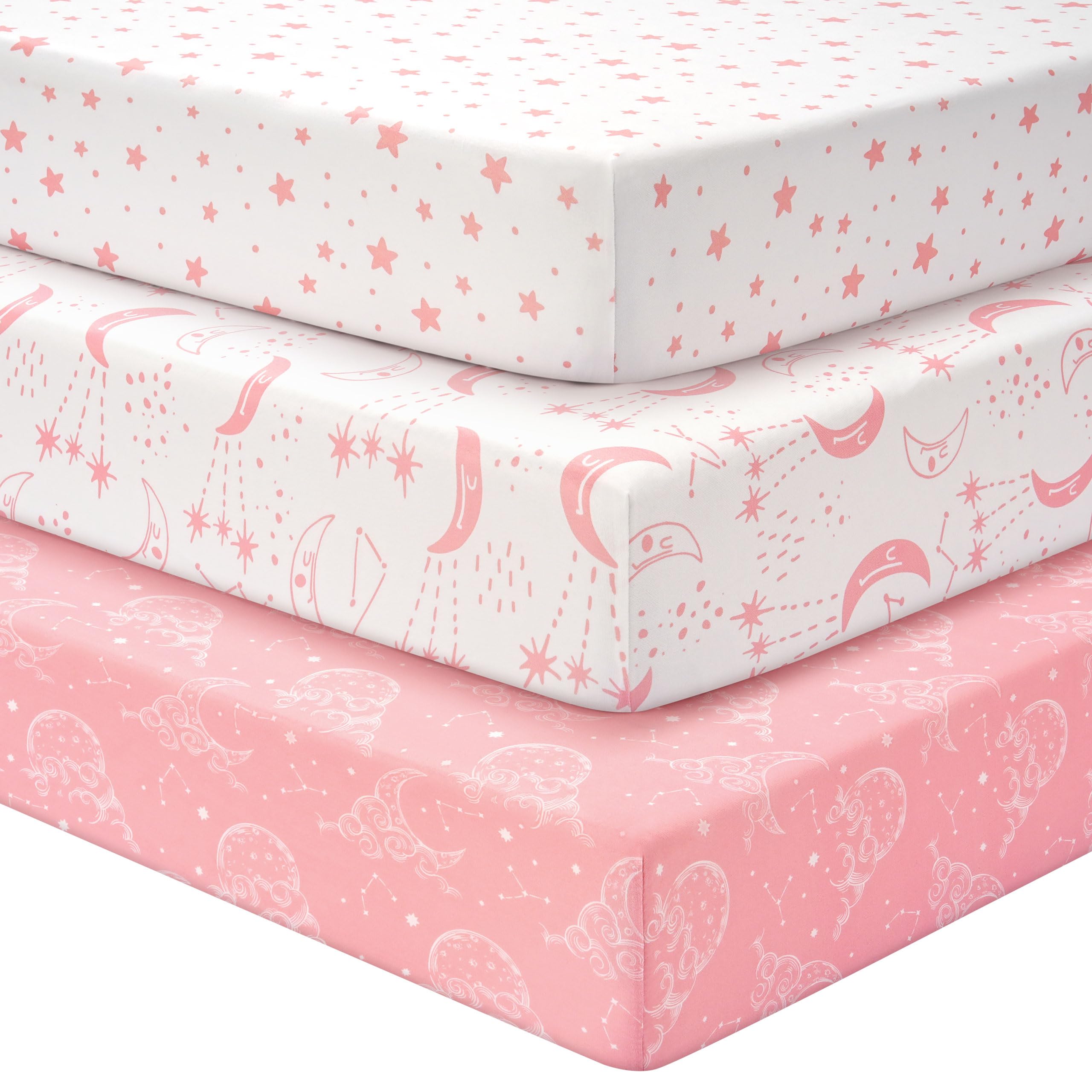 Cot Sheets 120 x 60 cm Fitted Super Soft & Breathable Toddler Bed Sheets Cozy Baby Cot Bed Sheets 3 Packm White Pink Moon