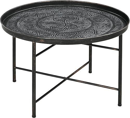HOMCOM Mesa auxiliar redonda de 24 pulgadas con bandeja martillada, mesa central de metal vintage para sala de estar, dormitorio, mesa auxiliar,