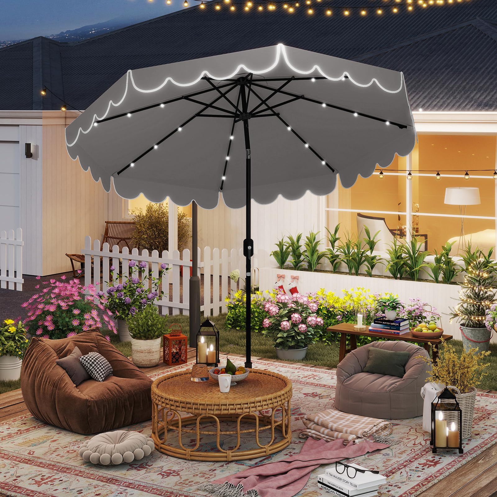 RELAX4LIFE Ombrellone da Giardino 3x3M, Ombrellone da Esterno con 24 Luci LED, Inclinazione Regolabile, Apertura a Manovella, Top Ventilato, per Giardino Piscina Patio (Grigio)