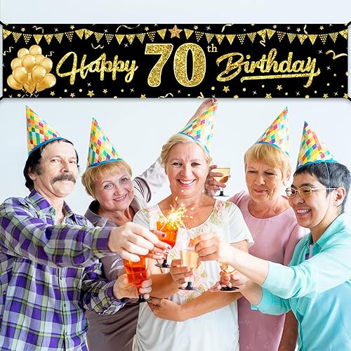Miniatura 3 de Cartel de feliz cumpleaños 70 para mujeres y hombres, suministros de fiesta de cumpleaños de 70 años de color negro y dorado, divertido tema de 70