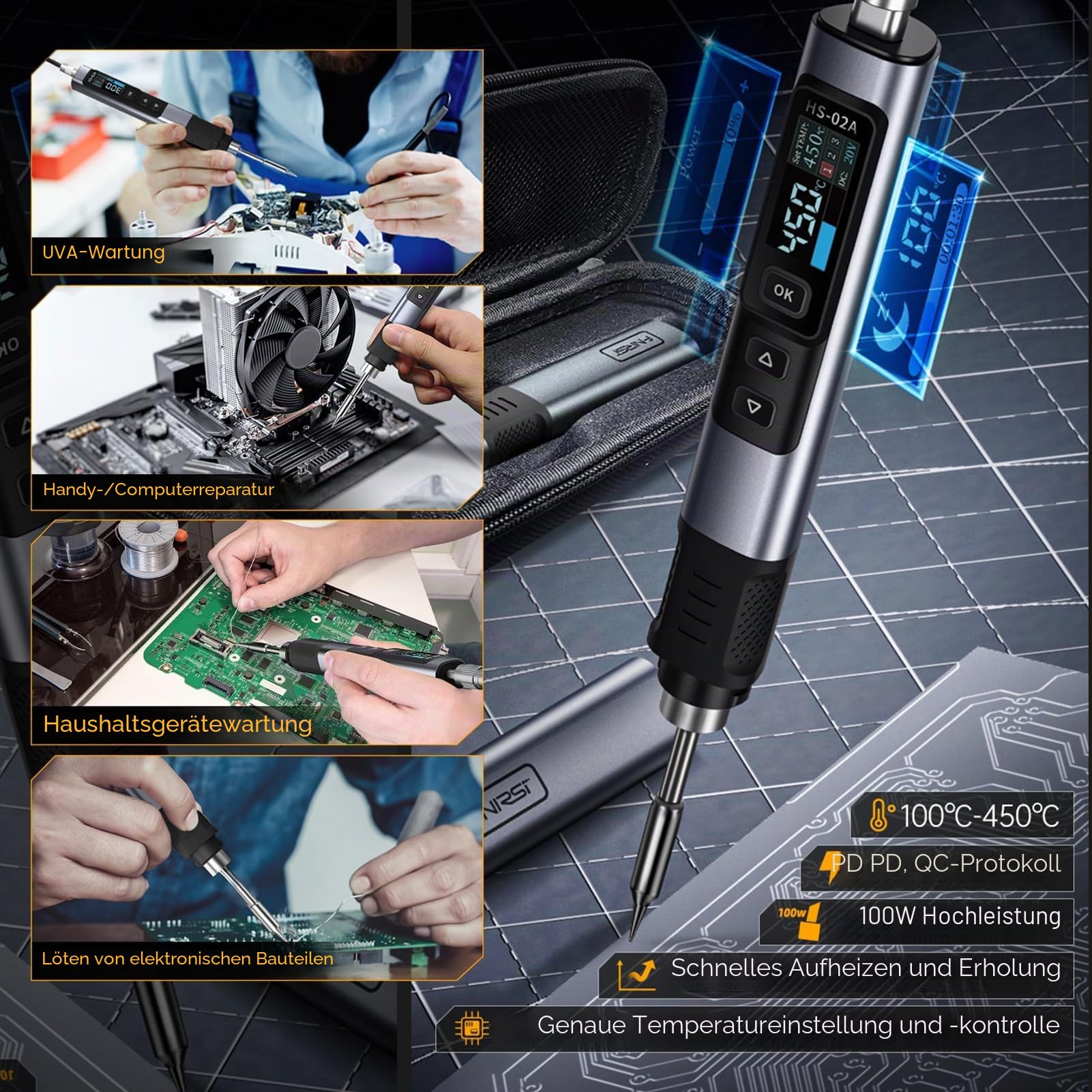 Lötkolben,HS-02A Intelligentes Lötkolben Metalllötzensatz CNC 100-450°C Einstellbar Mit 6 Lötköpfen Und Adapter 100W Digitales Intelligentes Tragbares Lötgerät