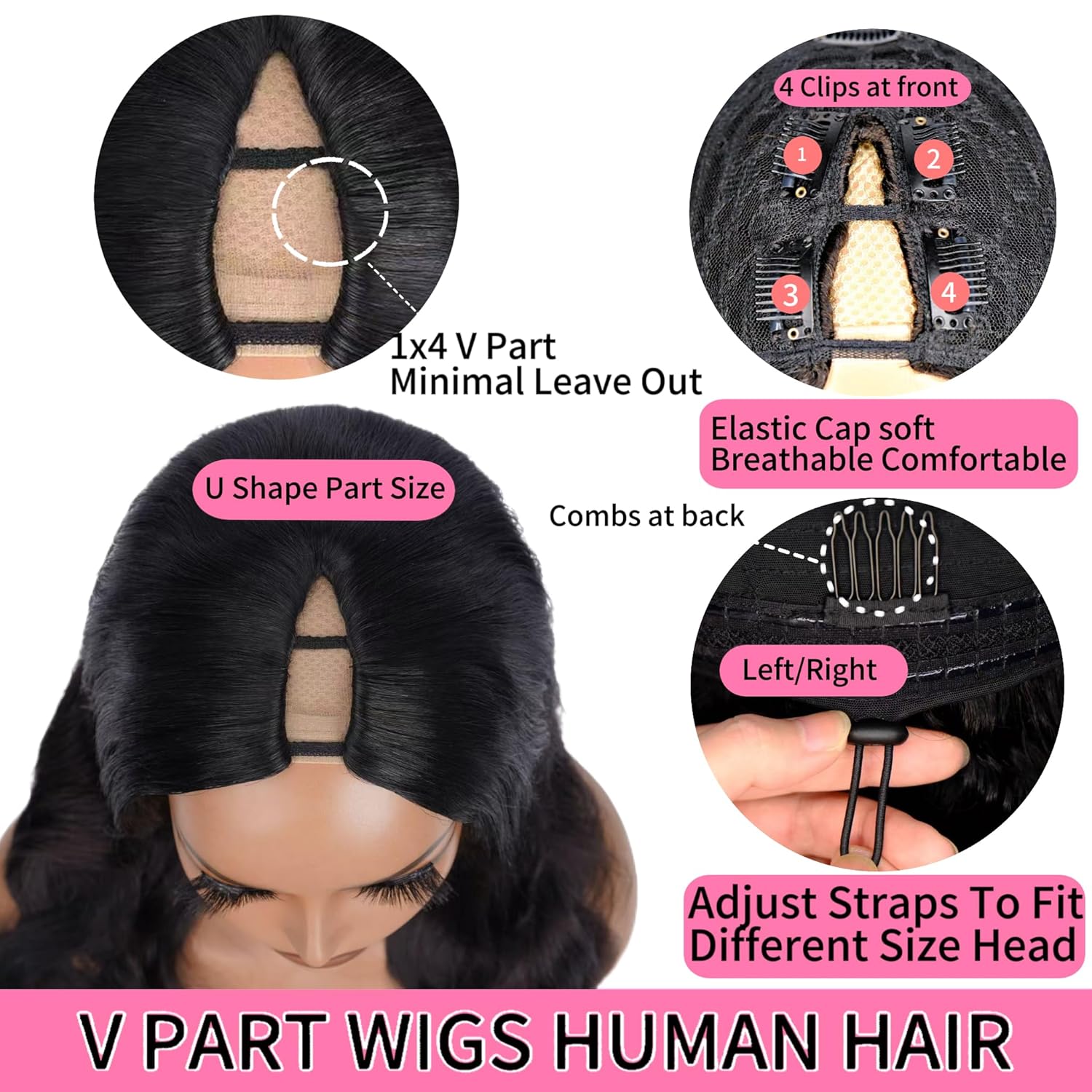 V Part Wig Human Hair Body Wave Upgrade Human Hair Clip in Wigs No Glue No Sew In Beginner Friendly Natural Color(22inch)