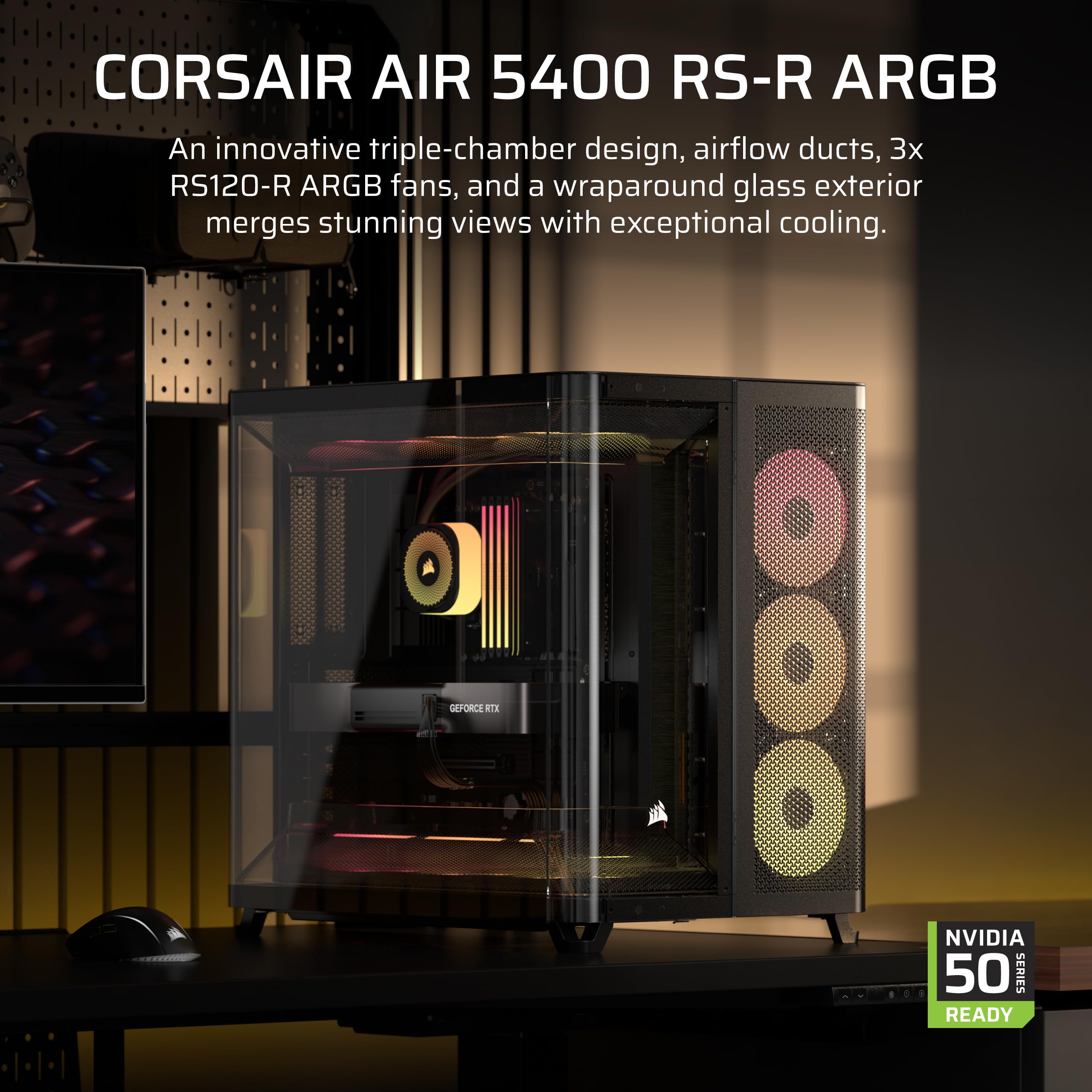 CORSAIR AIR 5400 RS-R ARGB Triple-Chamber Mid-Tower Panoramic PC Case – 3X Pre-Installed Reverse-Rotor RS120-R ARGB Fans, Low-Noise, High Airflow Ducts, Reverse Motherboard Support – Black