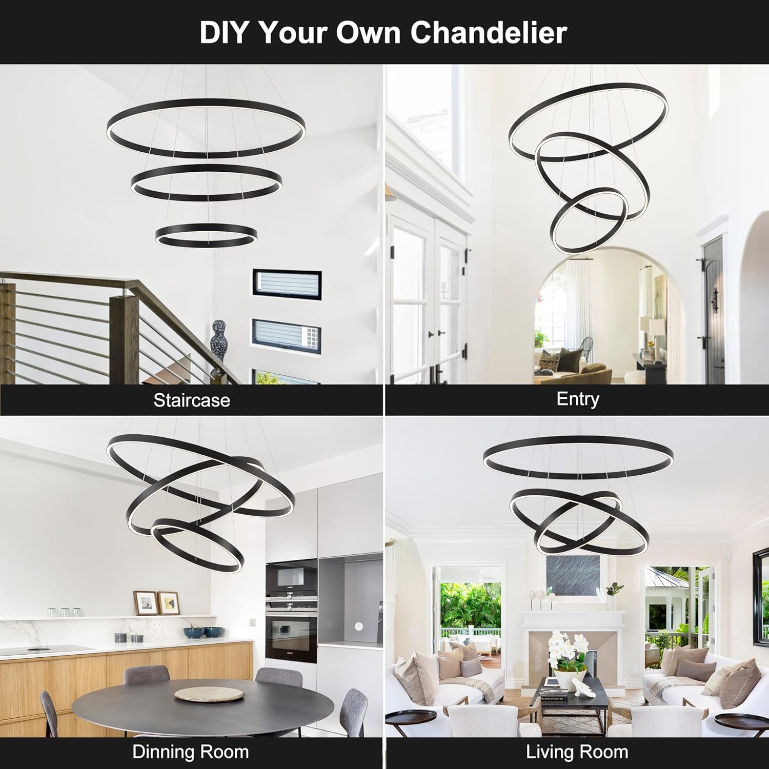 Elegant 3-Rings Black Modern LED Chandelier – Fully Dimmable High Ceiling Pendant Light for Dining Room, Living Room, Foyer & Staircase (Warm White 3000K, Adjustable Size 15.7"-31.4")