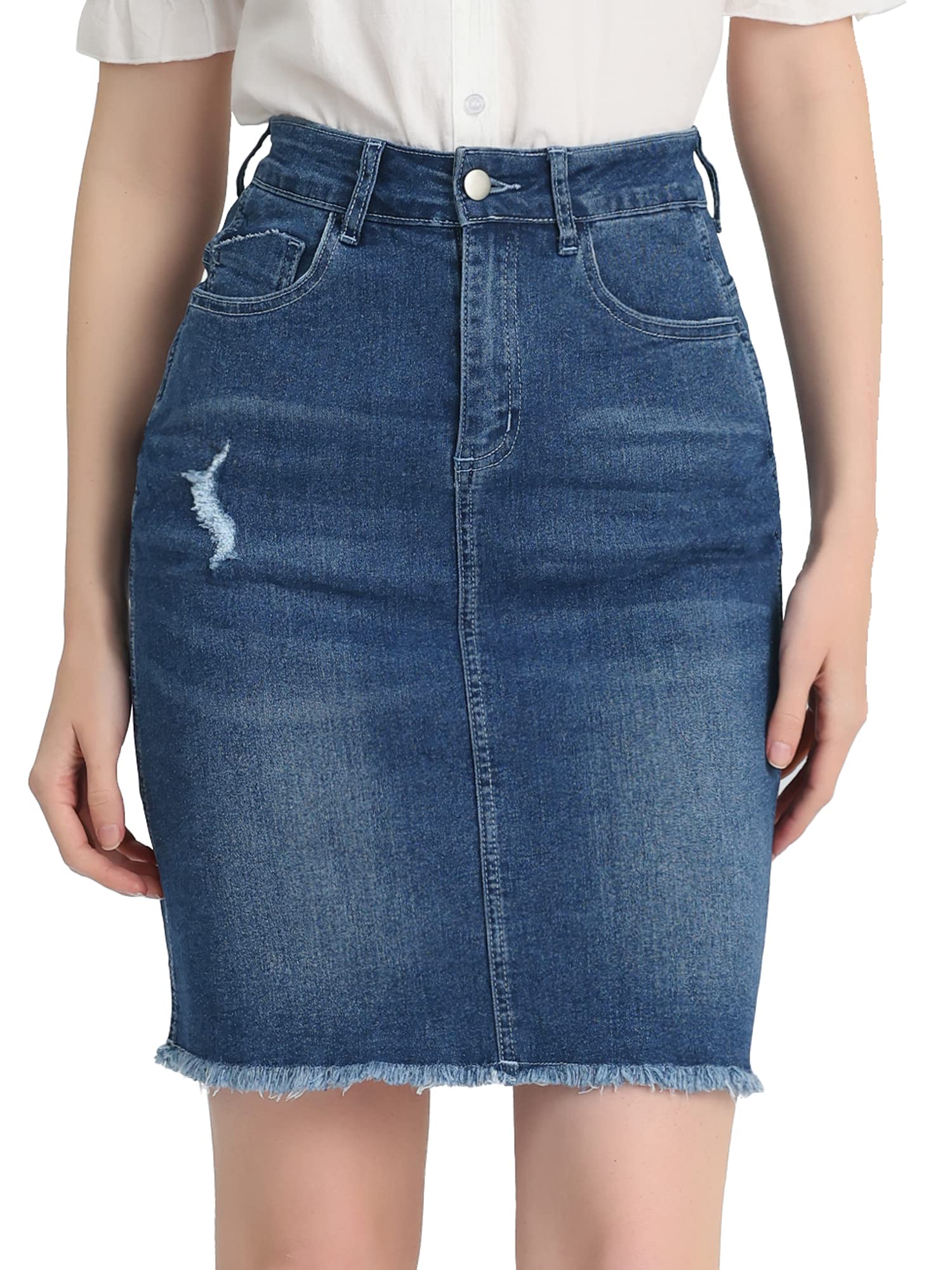 Allegra K Jupe en jean délavé taille haute avec ourlet déchiré pour femme, bleu vintage, Taille S