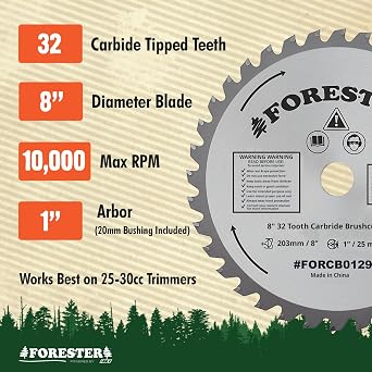 FORESTER Carbide Tip Brush Cutter Blade - 8in x 32 Teeth | Fits Most Straight Shaft Trimmers | Conversion Kit Sold Separately