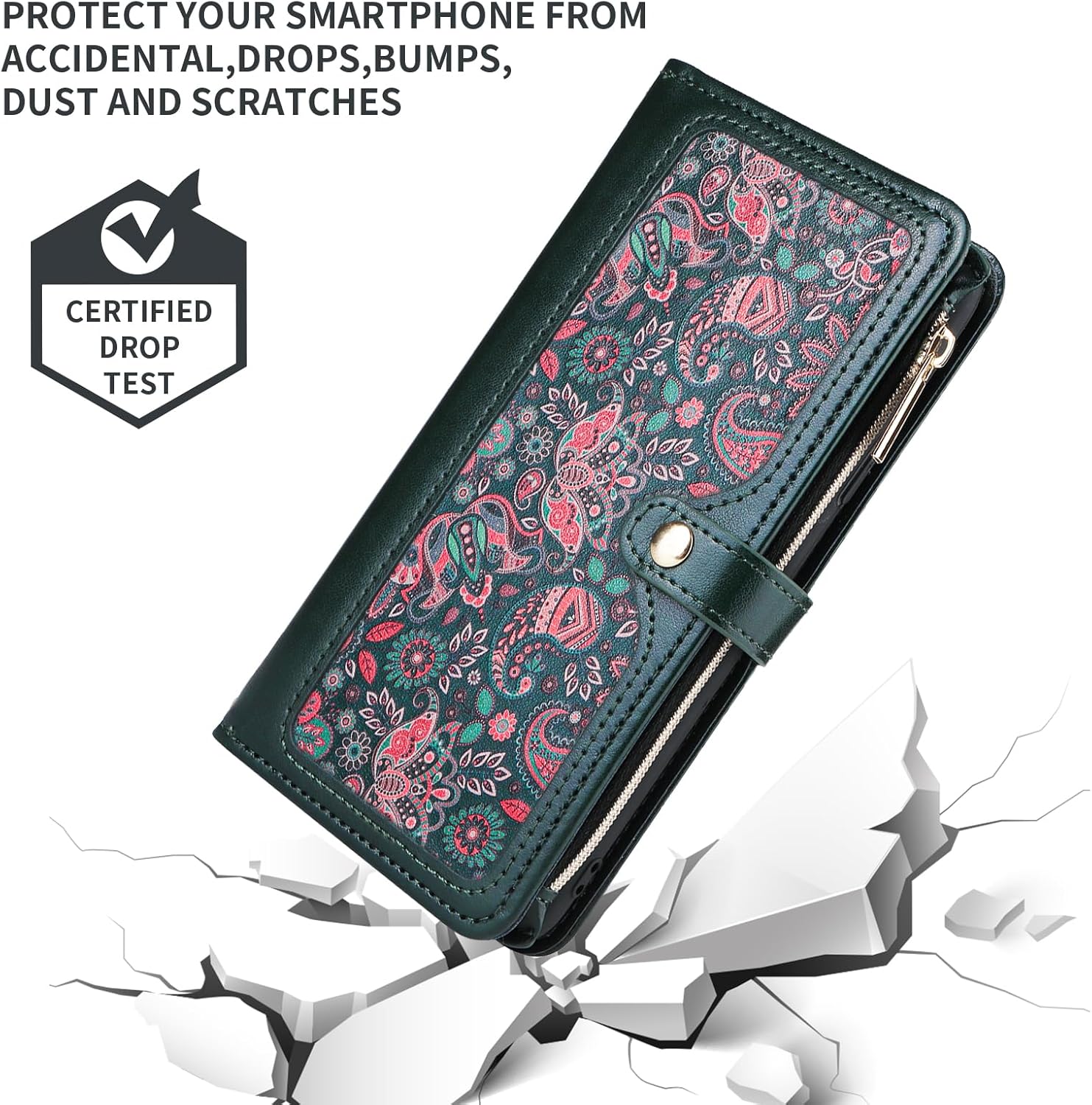 Dswteny for Samsung Galaxy S24 Plus/S25 Plus S24+ S25+ 5G Floral Wallet Case, Zipper Purse Flip Credit Card Holder Stand Cell Phone Cover for S24Plus 24S + S 24 24+ S25Plus 25S 25+ Women Men Green - Image 7