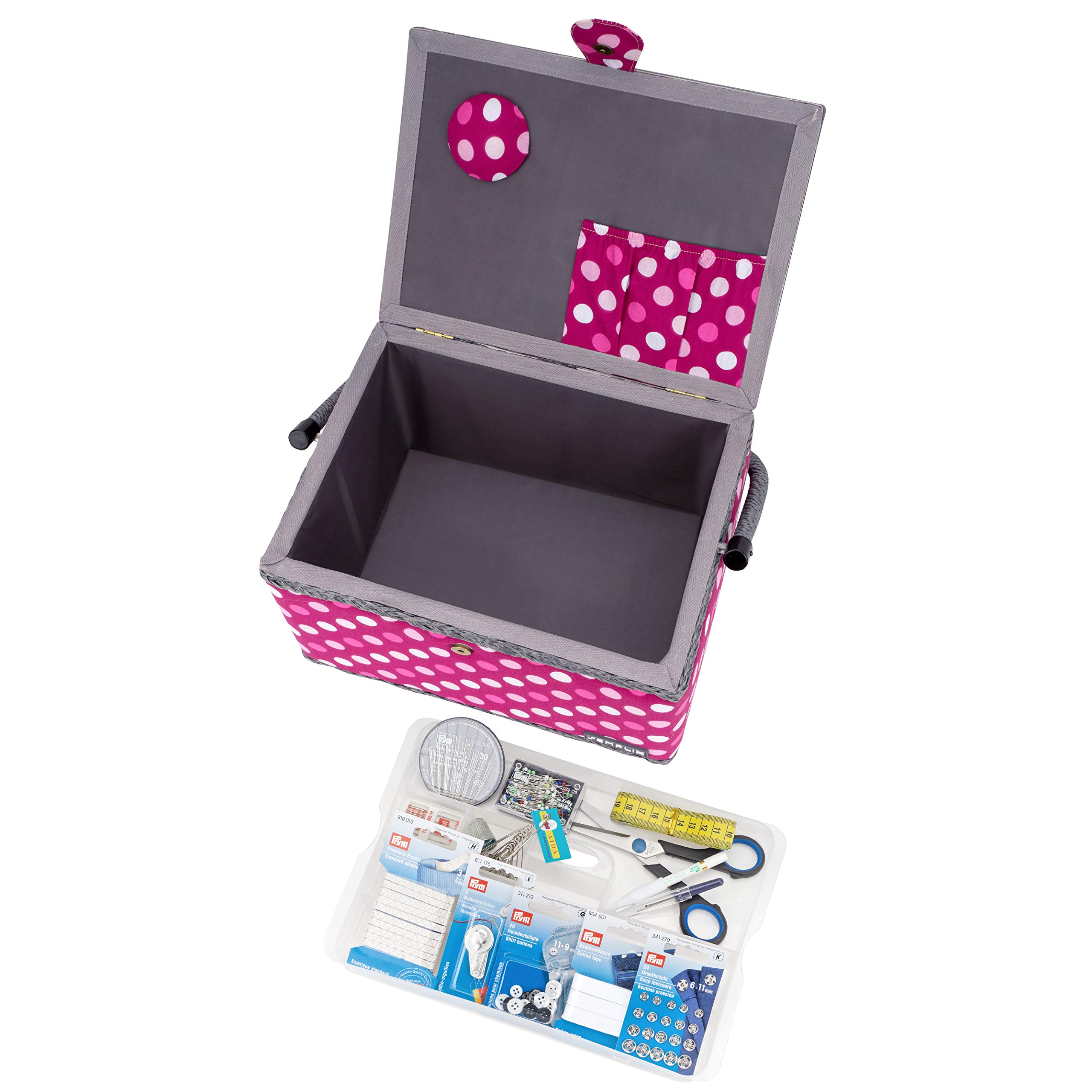 SEMPLIX Nähkorb Größe L gefüllt (30x22x19cm) - kompatibel mit Prym NähzubehörSet/Nähsortiment (im Lieferumfang enthalten) - Polka Dots Beere-rosa